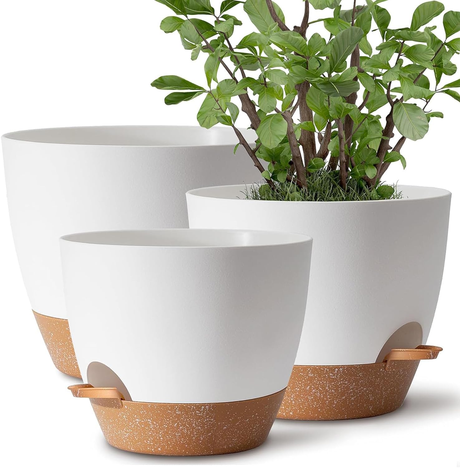 Versatile Set of 3 Plant Pots, 20CM, Self-Watering Flower Pots for Indoor and Outdoor Use, Planters with Drainage Hole and Saucer Reservoir, White