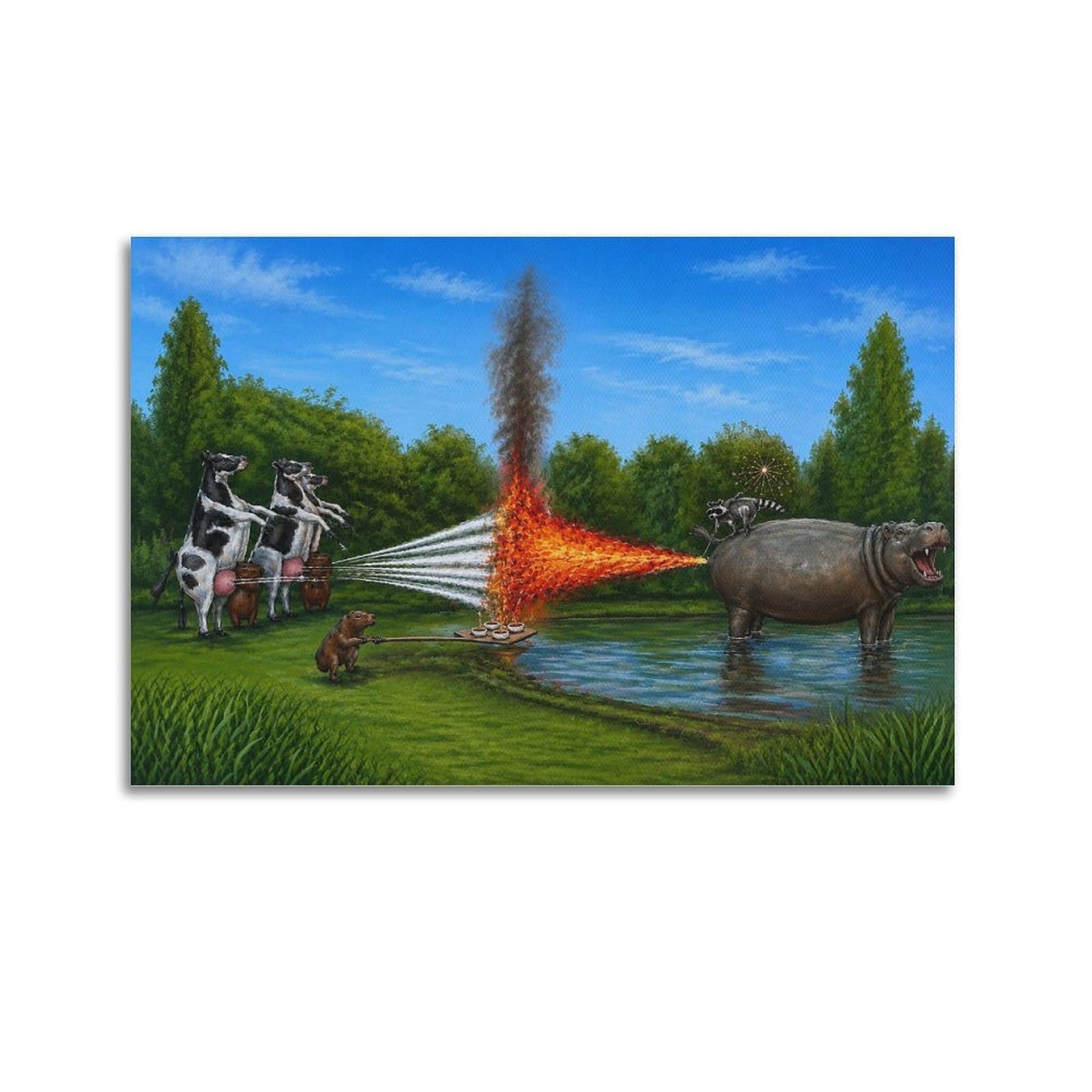 XKUGA Surreal Funny Farm Animal Capybara & Cow Poster Modern Decorative Canvas Prints - Ideal Wall Art for Family, Man Cave, Game Room, Boys & Girls Bedroom 12x18inch(30x45cm)