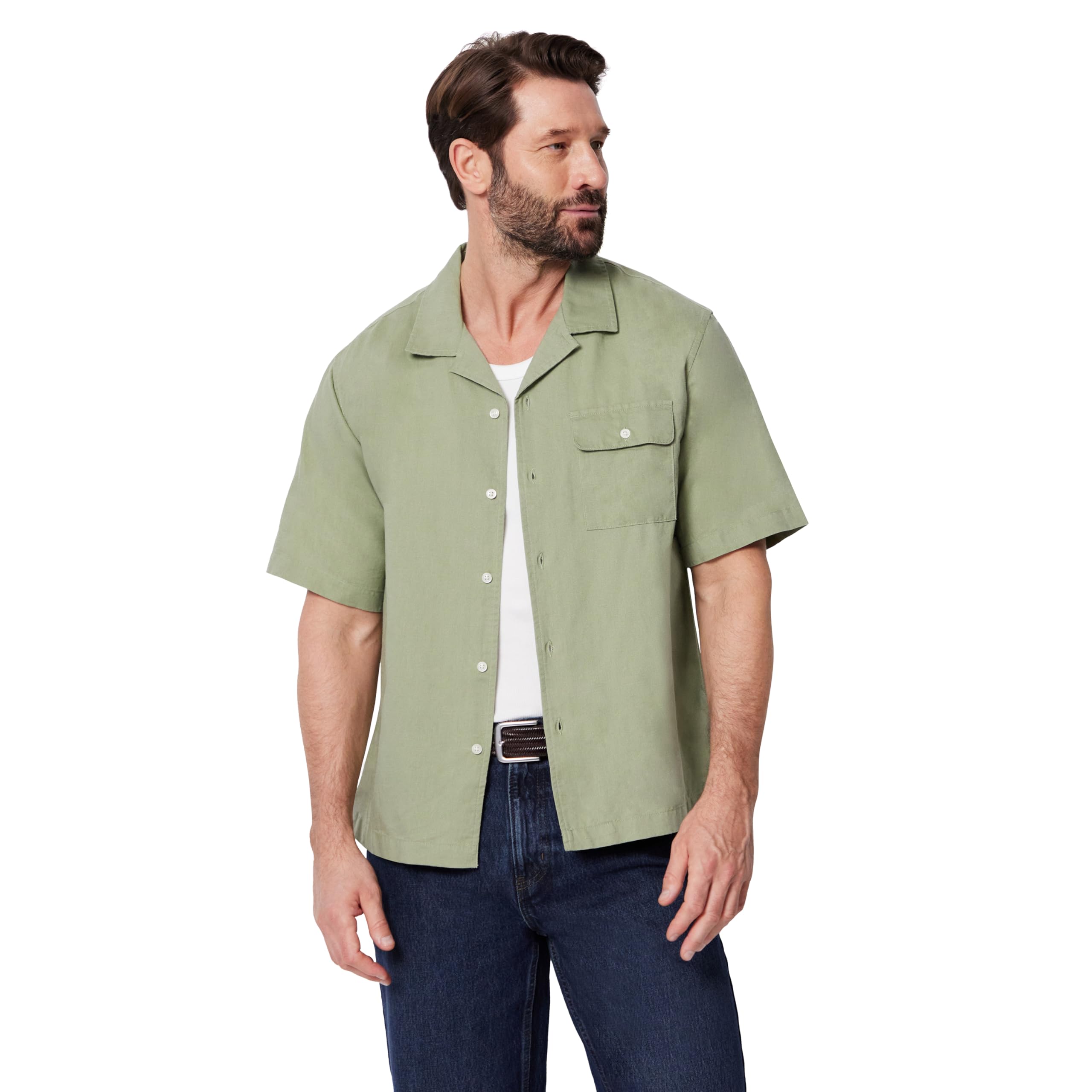 Amazon Essentials Men's Relaxed-Fit Short Sleeve Linen Blend Shirt, Dark Sage Green, Large