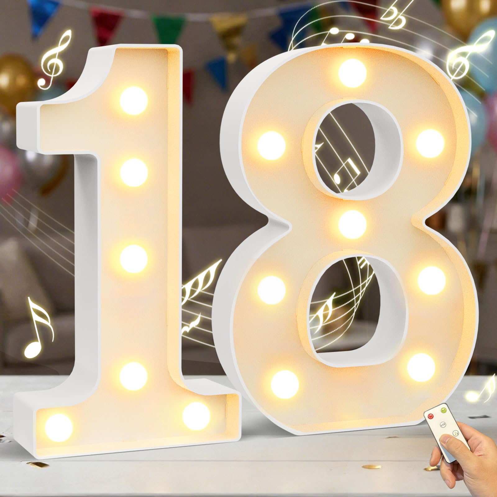 Lampada a LED con numeri con musica Happy Birthday, per ragazzi e ragazze, luce bianca calda, 18, con telecomando per decorazione di compleanno, casa, famiglia, decorazione da parete