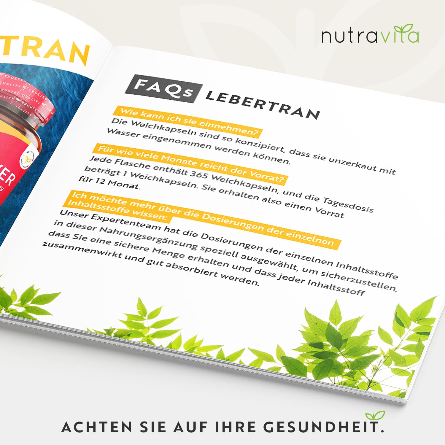 Lebertran Kapseln 1000mg - 365 Fischöl Kapseln - Hochwertiges Fish Oil - Hochdosiert Cod Liver Oil + Omega 3, Vitaminen A, D & E - Unterstützt die Herz- und Gehirngesundheit - Nutravita