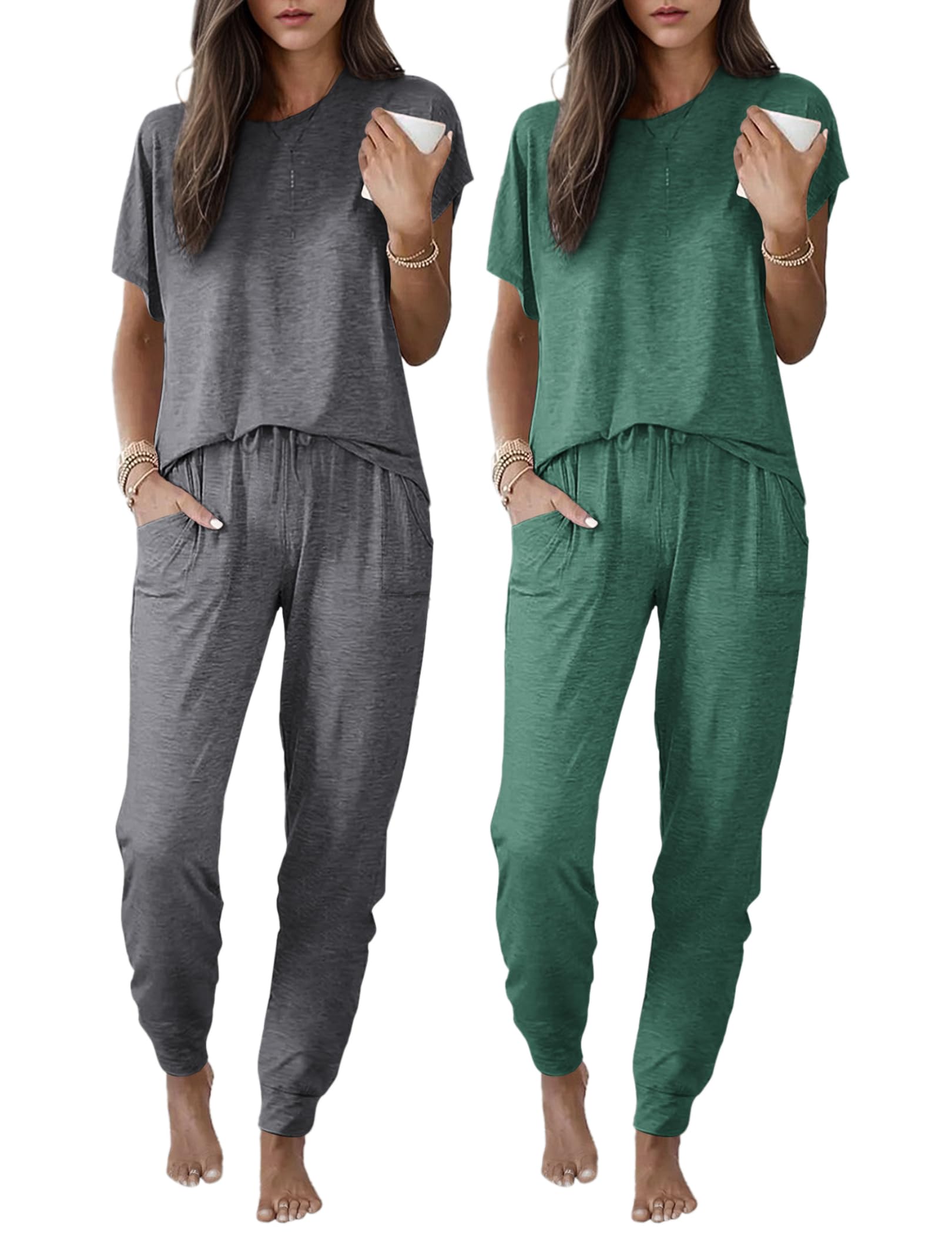 Ekouaer 2 pack Pajama Sets for Womens Jogger Pants Pjs Short Sleeves Lounge Set