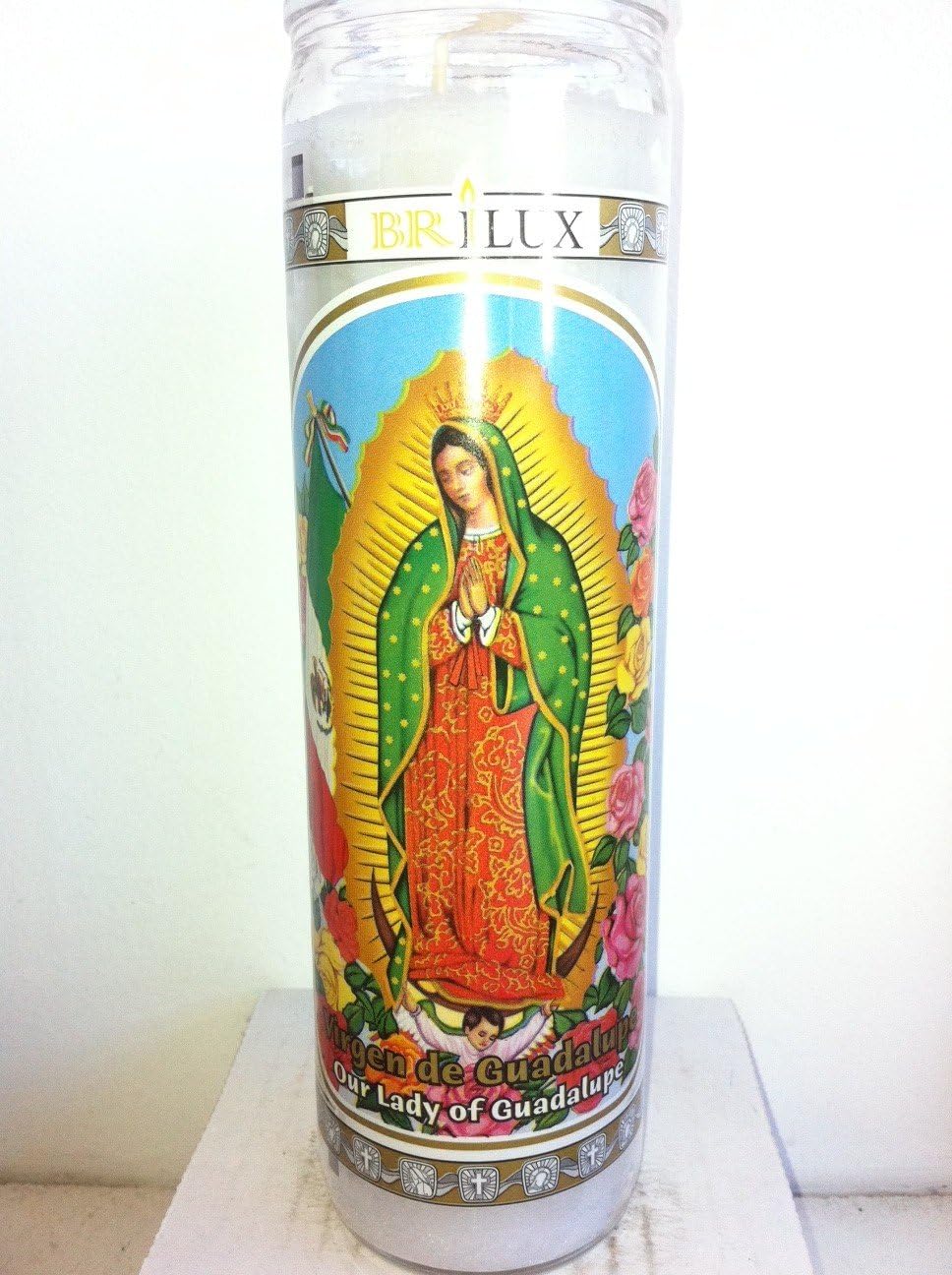 Our Lady of Guadalupe (Virgen De Guadalupe) 7 Day Unscented White Candle in Glass