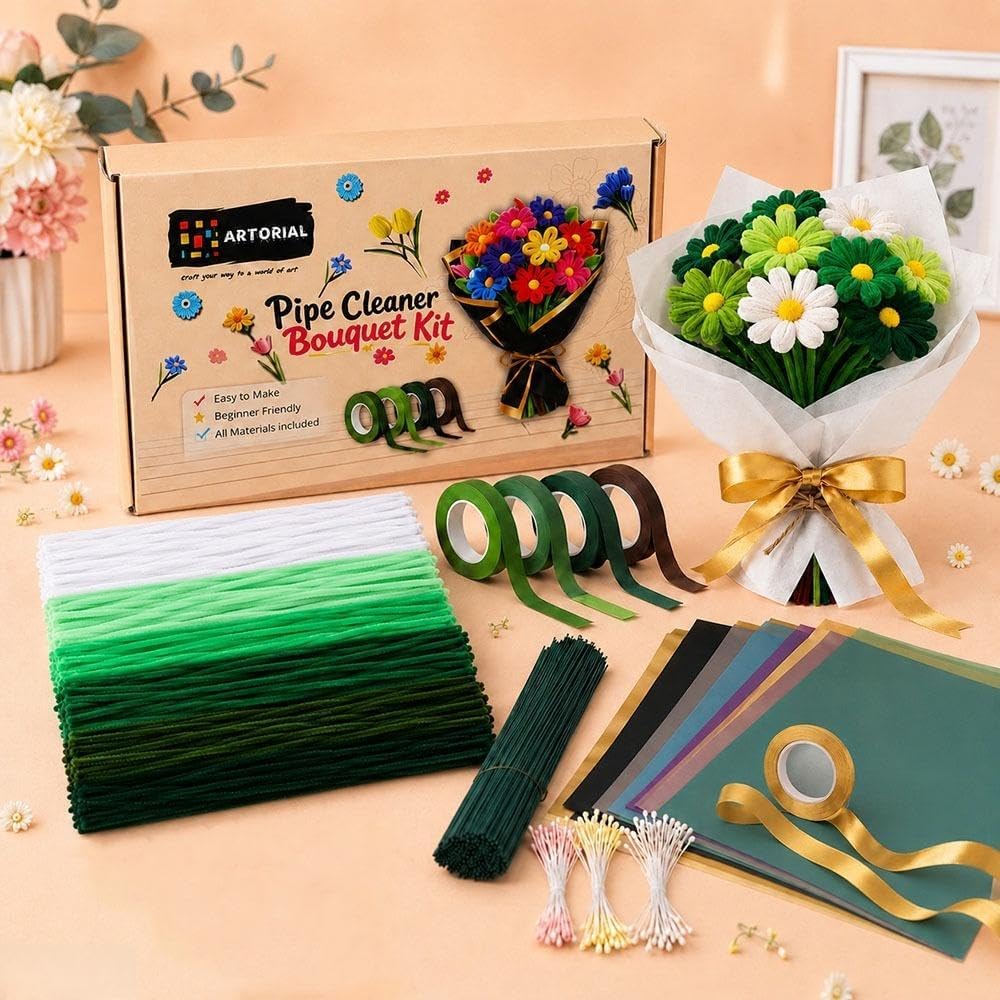 PIXORA DIY Pipe Cleaner Bouquet Kit for Kids & Adults | Complete Flower Making Craft Kit with 300 Pipe Cleaners, Floral Wire, Tape, Stamens, Wrapping Paper & Ribbon | Handmade Gift & DIY Art Set-image-13