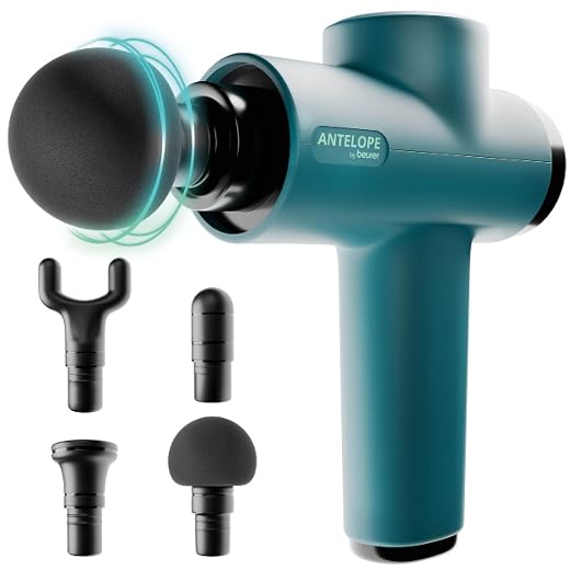 Beurer Antelope BOOM Muscle Massage Gun, Compact Massage Gun with 4 Attachments, Relaxation and Regeneration, Powerful Trigger Point Massage, 5 Intensity Levels and Battery