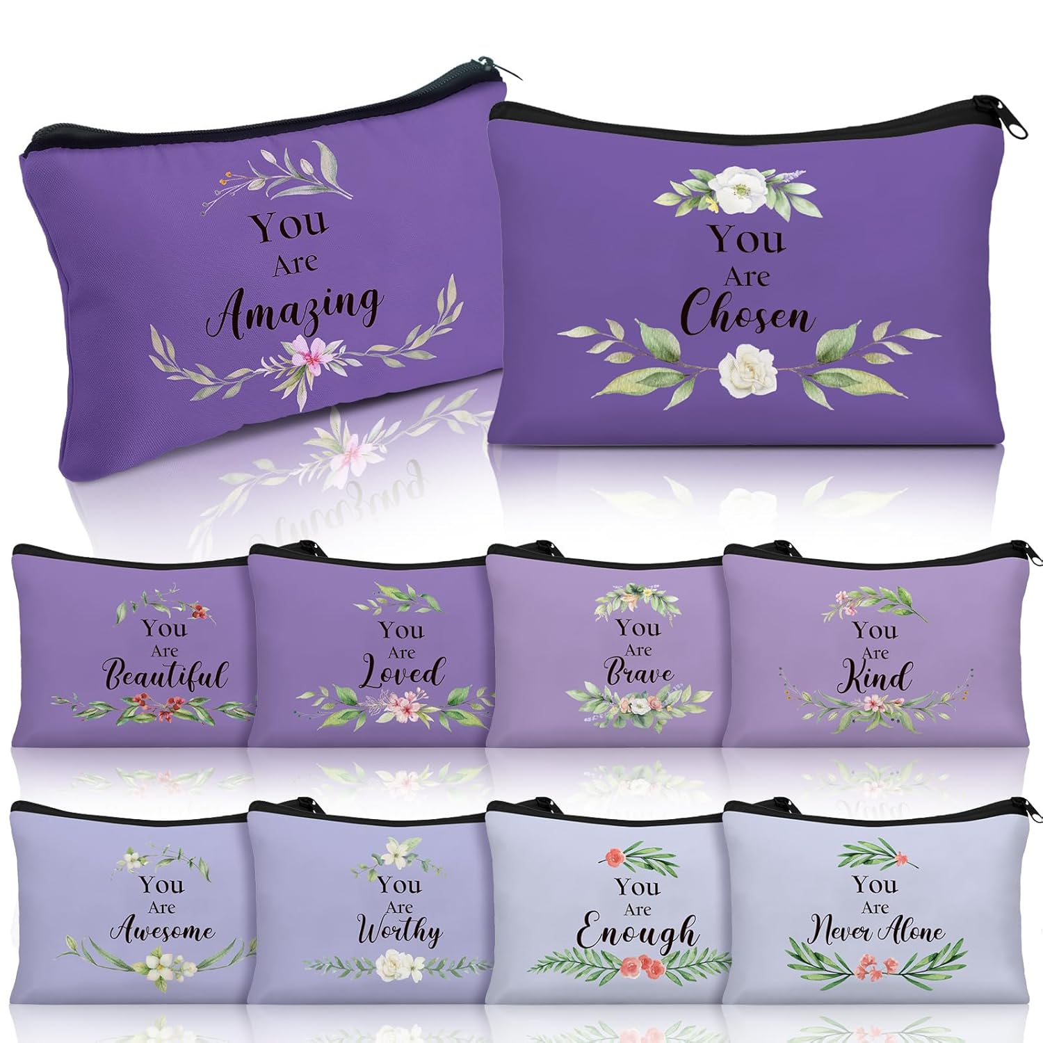 Hillban 10 Pcs Inspirational Makeup Bag Gift for Women International Women's Day Gifts Administrative Professionals Day Christian Bible Verse Cosmetic Bags for Church Mothers Gift(Flower,Purple)