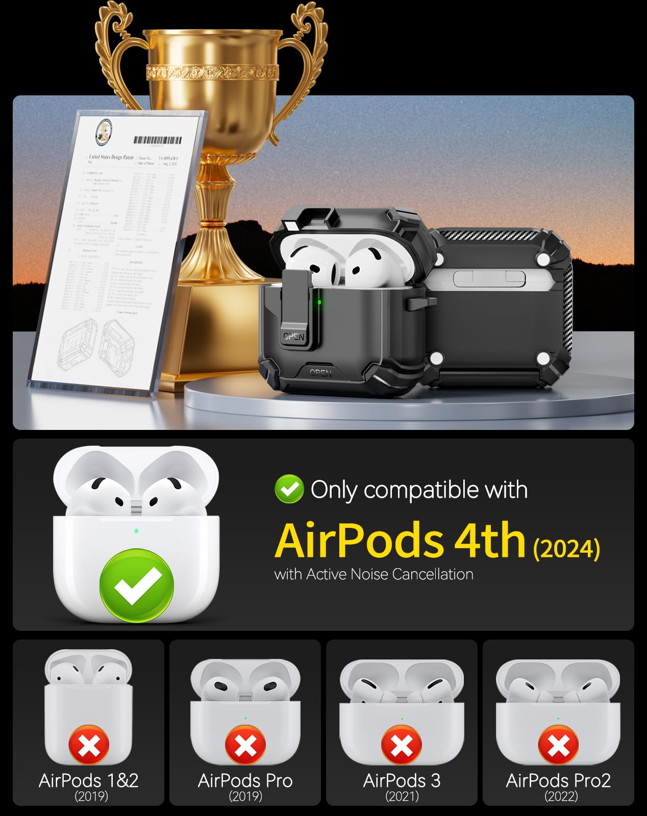 Pohgelan Compatible with AirPods 4th Generation Case,Compatible with Magsafe,Magnetic Automatic Lock with Phone Stand & Cleaning Kit for Airpods 4 with Active Noise Cancellation Charging Cover (2024)