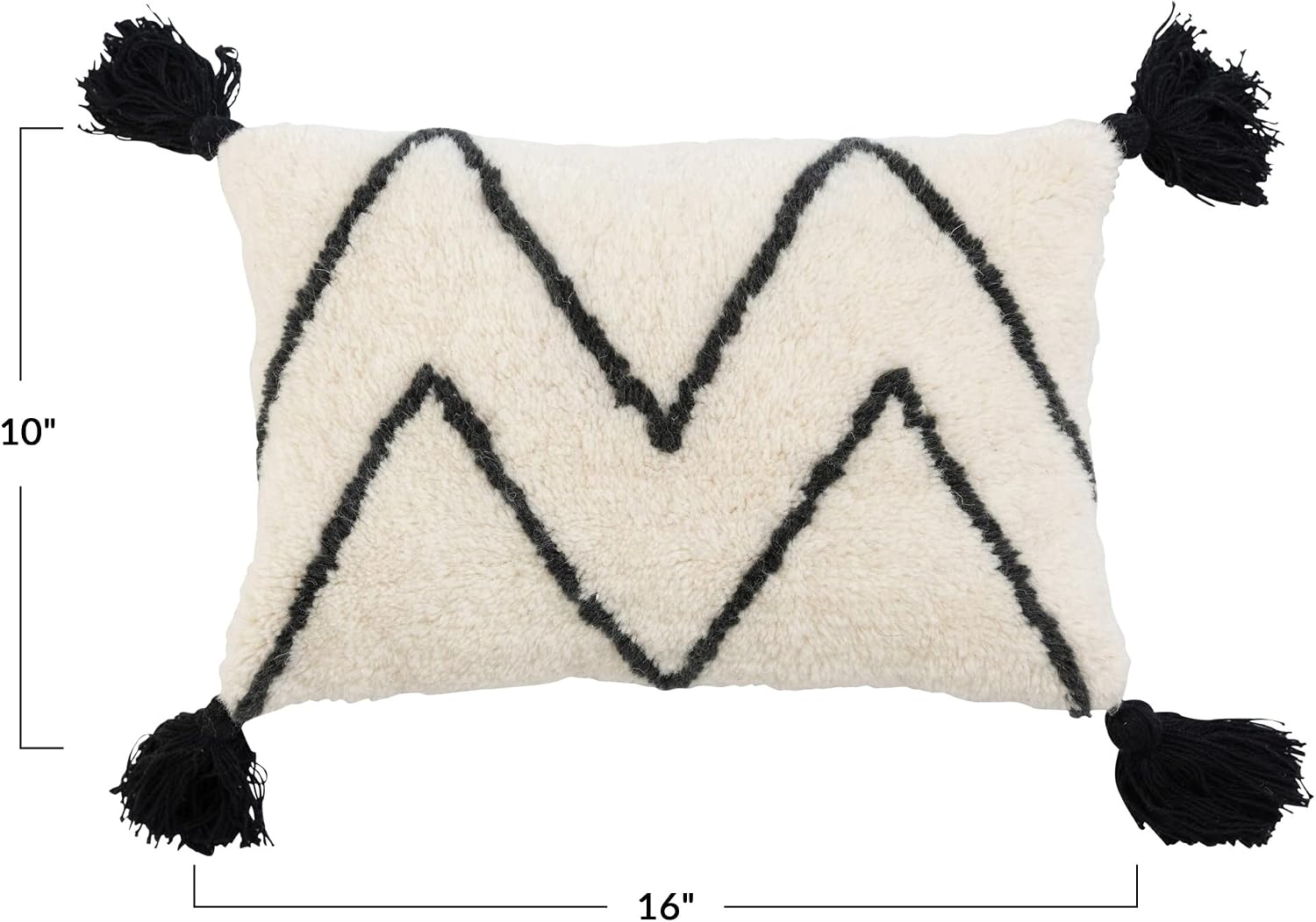 Bloomingville Bloomingville Wool Blend Tufted Lumbar Pillow with Chevron and Tassels, Black and White
