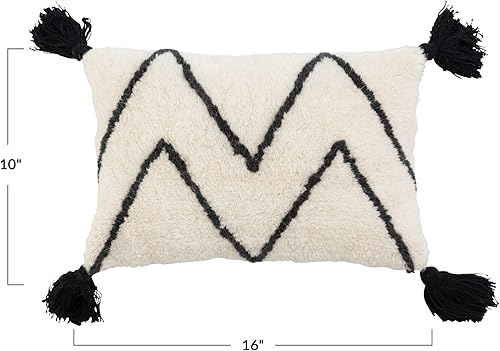 Miniatura 2 de Bloomingville Bloomingville - Almohada lumbar copetuda de mezcla de lana con cheurón y borlas, color blanco y negro