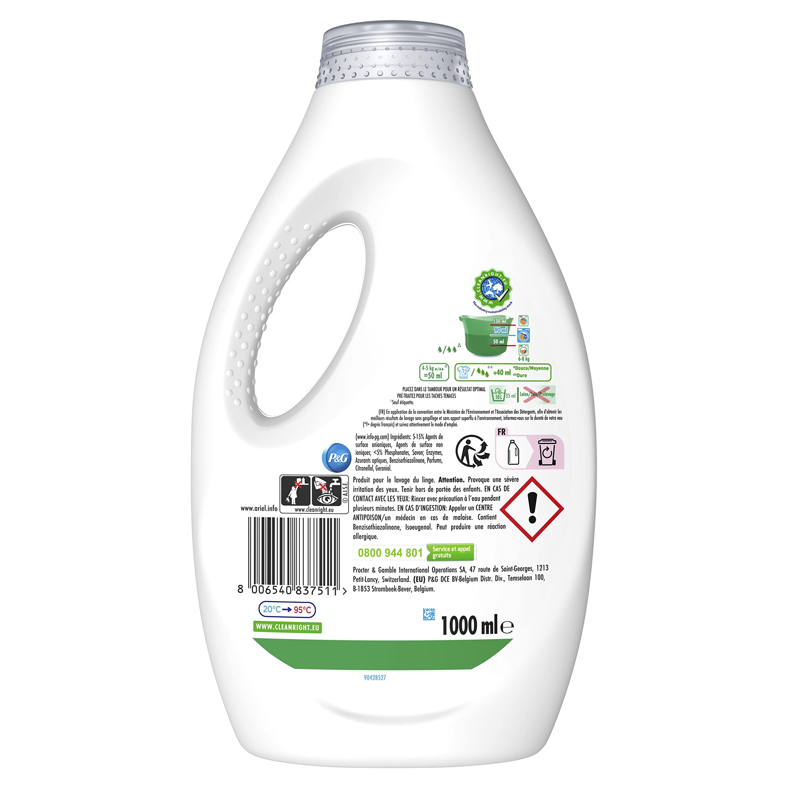 Ariel Lessive Liquide, 170 lavages, Extra Fiber Protection, Nettoyage Intense + Extra Color & Care