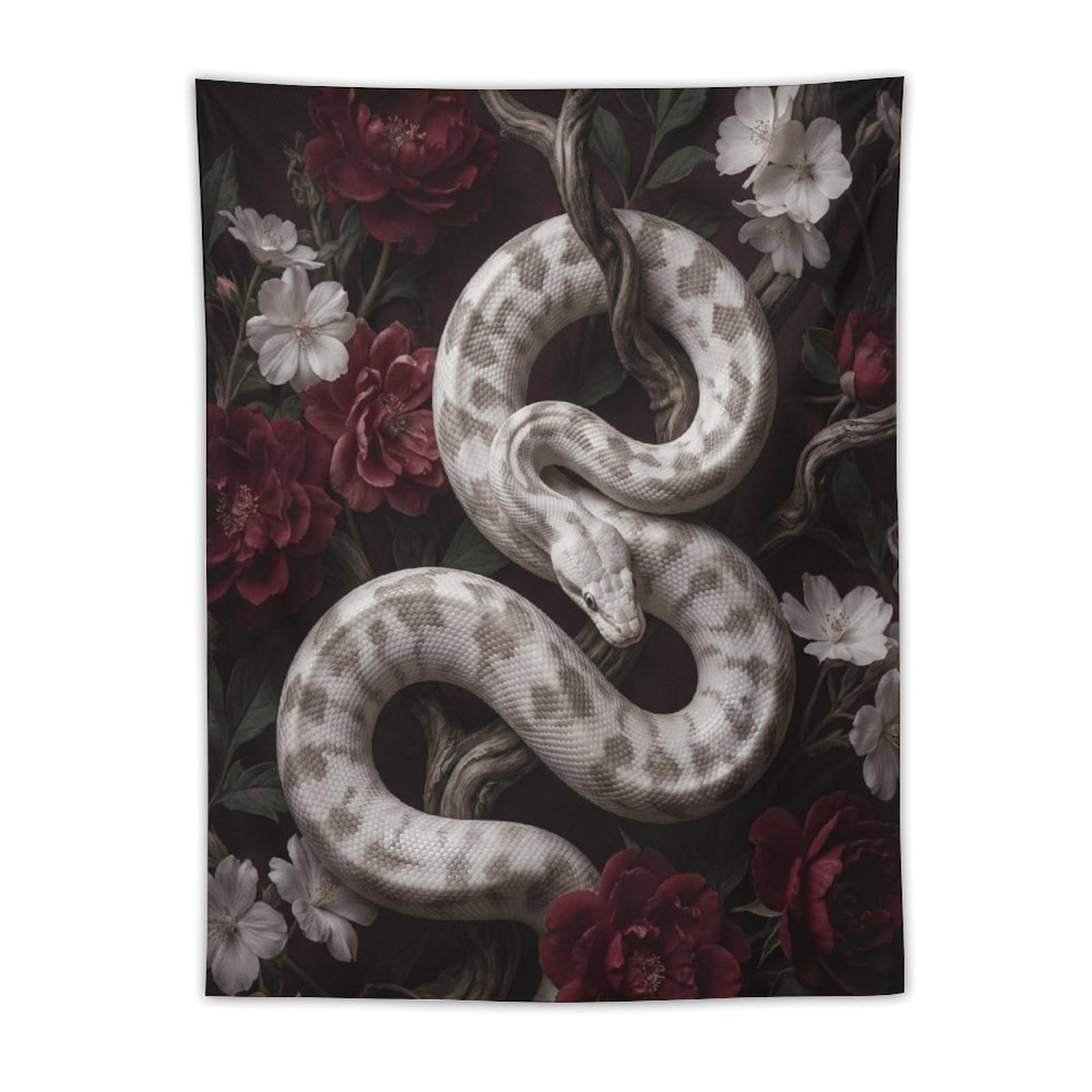 W7C8U2X3 White Snake Red Roses Wall Tapestry, Realistic Illustration Style