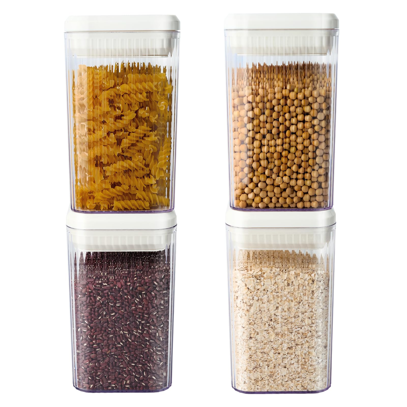 SUROQUE Airtight Food Storage Containers 4 Pack, White Plastic Kitchen Canisters with One-Touch Press Seal Lids, Leak Proof Pantry Organizers for Dry Fruits, Snacks, Sugar, Pasta, 1.2L / 40.5oz