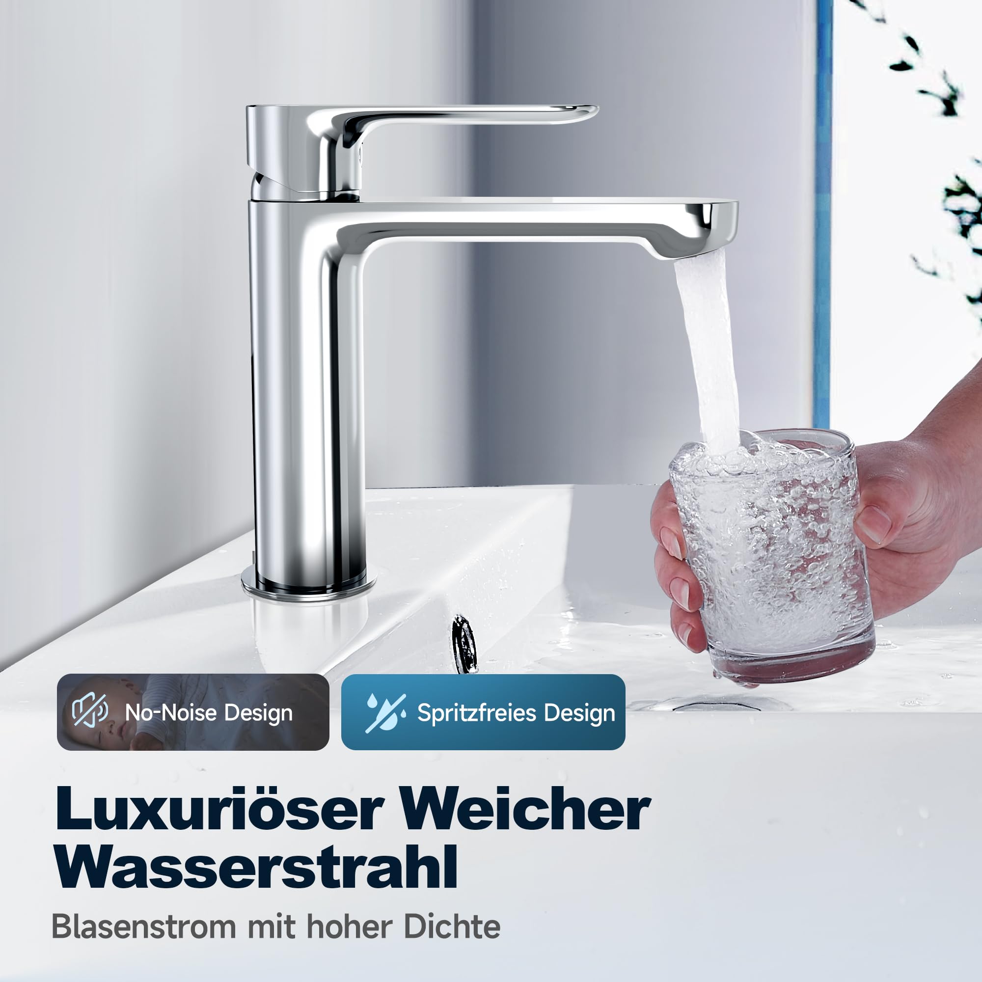 Wasserhahn Bad aus Edelstahl, Moderner Waschtischarmatur für Badezimmer mit Keramikkartusche und Ungiftigem EPDM-Innenschlauch, Einhebelmischer Waschbecken für Waschtisch und Badmöbel