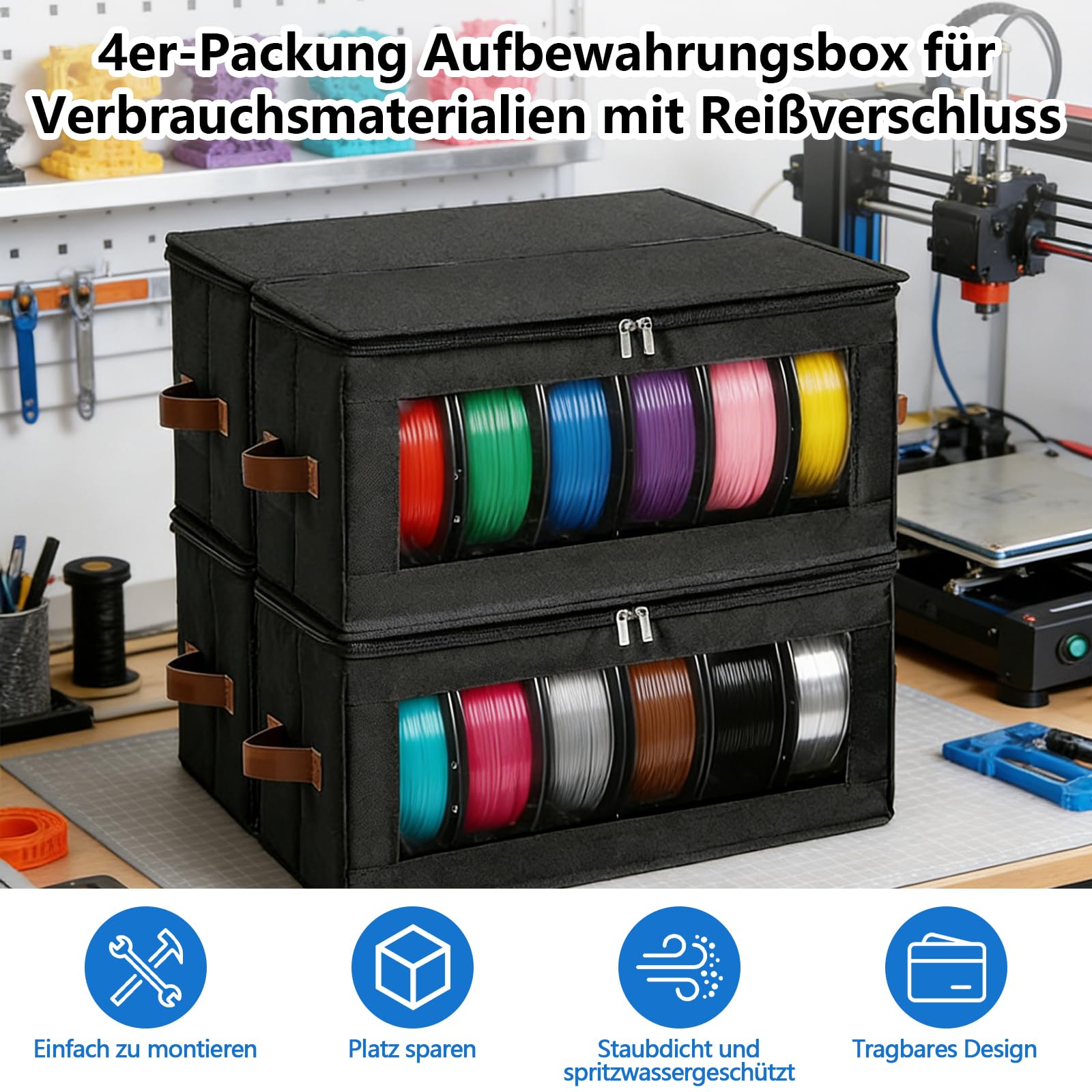 4 Stück 3D Drucker Filament Aufbewahrung mit Griff für 24 Rollen | Tragbare Filament Box mit Reißverschluss für 3D Druck Filament Versiegelung und Schutz,Wasser Staubdicht,Sichtbare Display