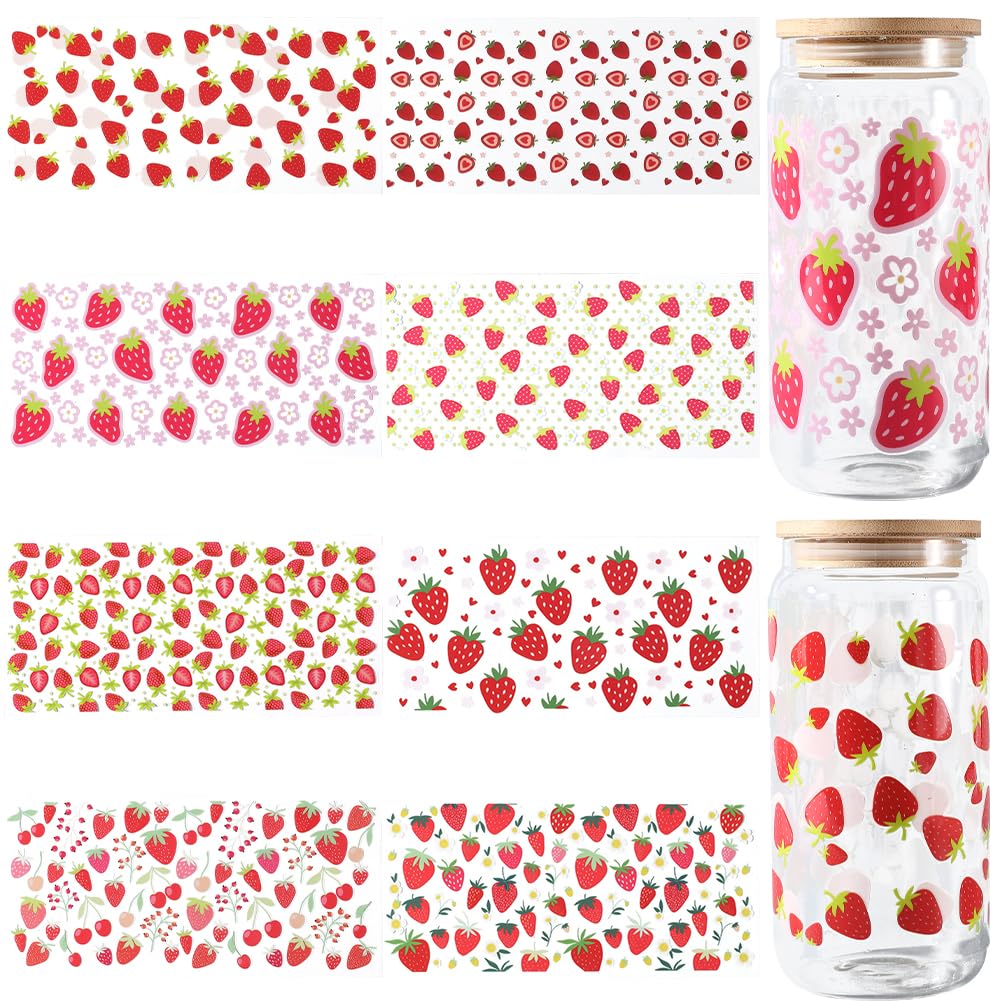 SOFPLATE 8 Styles Red UV DTF Cup Wraps Cute Transfer Stickers Bulk Plastic Sweet Pink Rectangular Transparent Strawberries Stickers for Glass Cups Bottle DIY Crafts Furniture Decorations Creative Gift