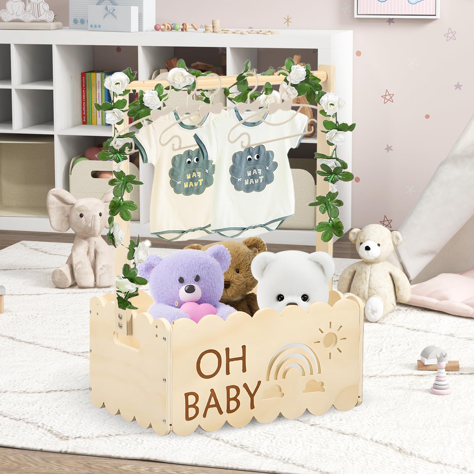 Armoire De Caisse Pour BéBé, Armoire De Douche De BéBé En Bois Panier Cadeau BéBé Pour Fille GarçOn Panier BéBés Avec Rotin Rose Et 5 Cintres Cadeau BéBés Personnalisé Pour Douche De BéBéNouveau-Né