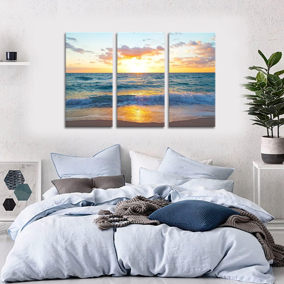 Noah Art-Ocean Beach Wall Art, Sunrise over the Miami Beach Blue Sea Ocean Pictures on Canvas Print, Wooden Framed Bathroom Decor Wall Art, 12x24inch x 3 Piece Set 12x24inchx3pcs(30x60cmx3pcs) Orange