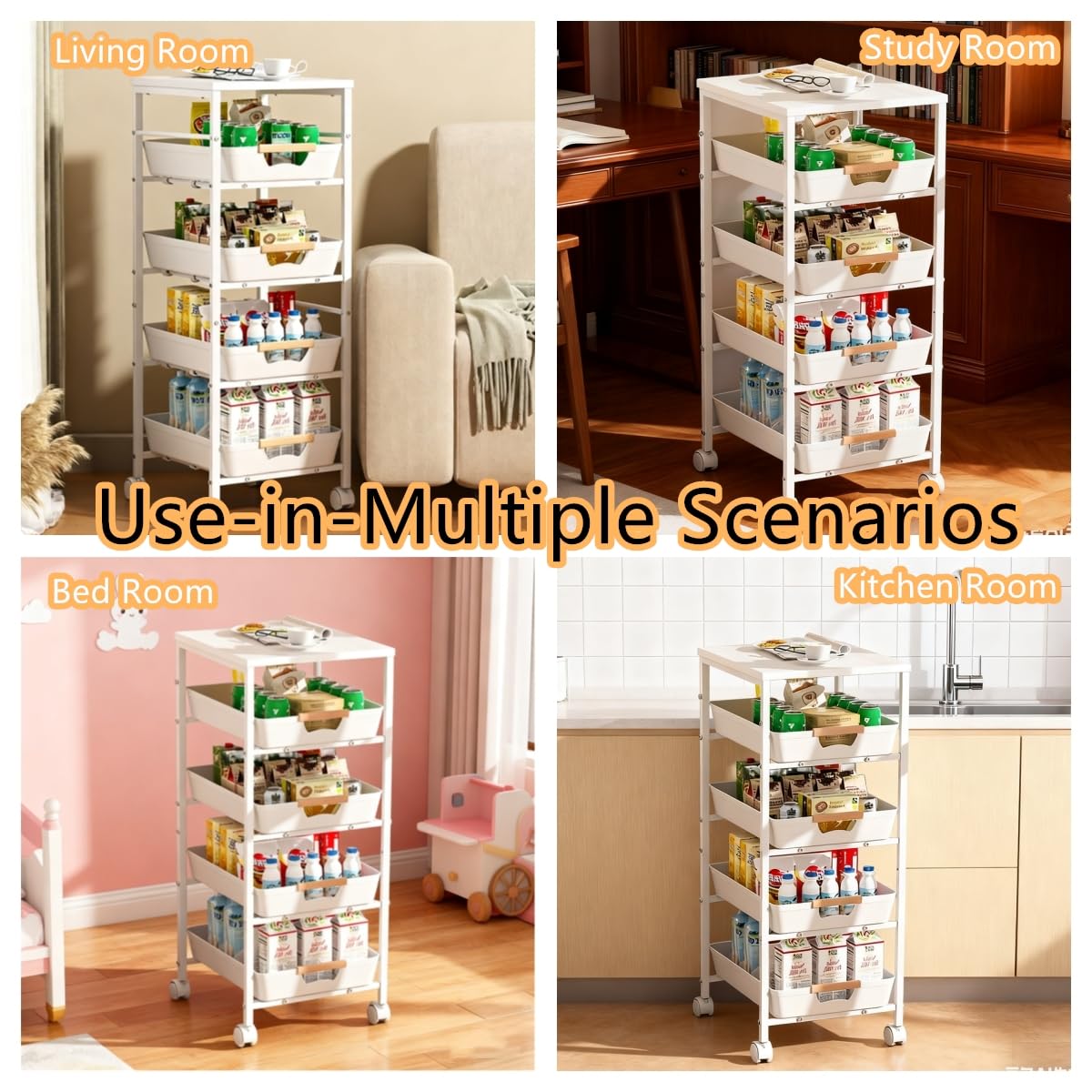 CarolynDesign Carrello portaoggetti con struttura in metallo a 5 ripiani con piano in legno, ruote multifunzionali, con cassetti estraibili, per cucina, soggiorno, bagno