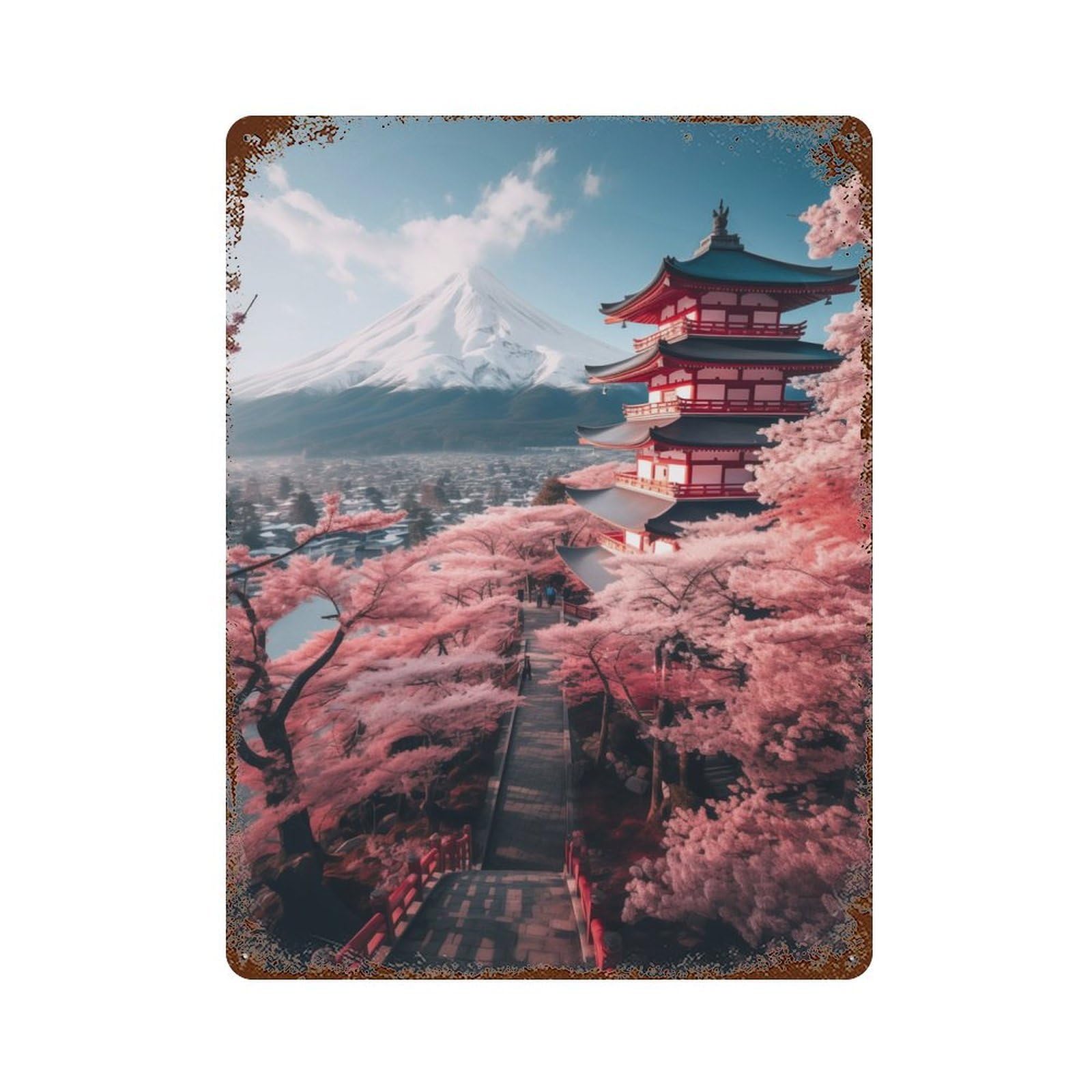 Garage Style Japans Sakura And Temple Rusty Metal Tin Sign 15.7"x11.8", Farmhouse Wall Decor for Bar And Workshop