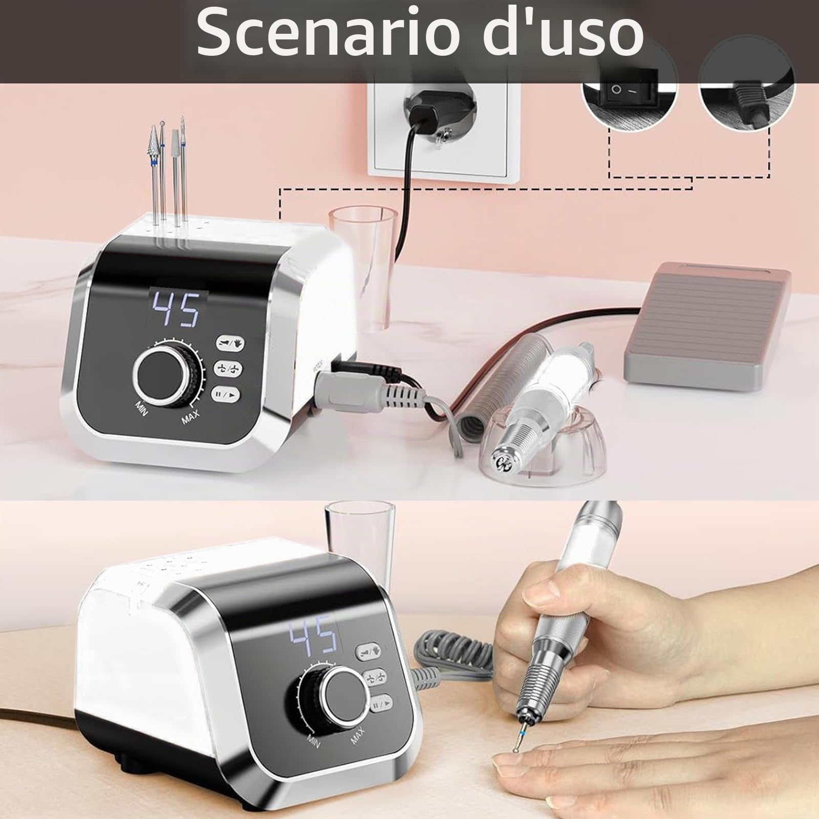 Fresa per Unghie, Fresa per Unghie Professionale da 45000 Giri/Min con 11 Frese per Unghie e 75 Bande Set di Fresa Unghie Professionale con 45 Livelli Regolabili e Display LCD per Casa e Manicure
