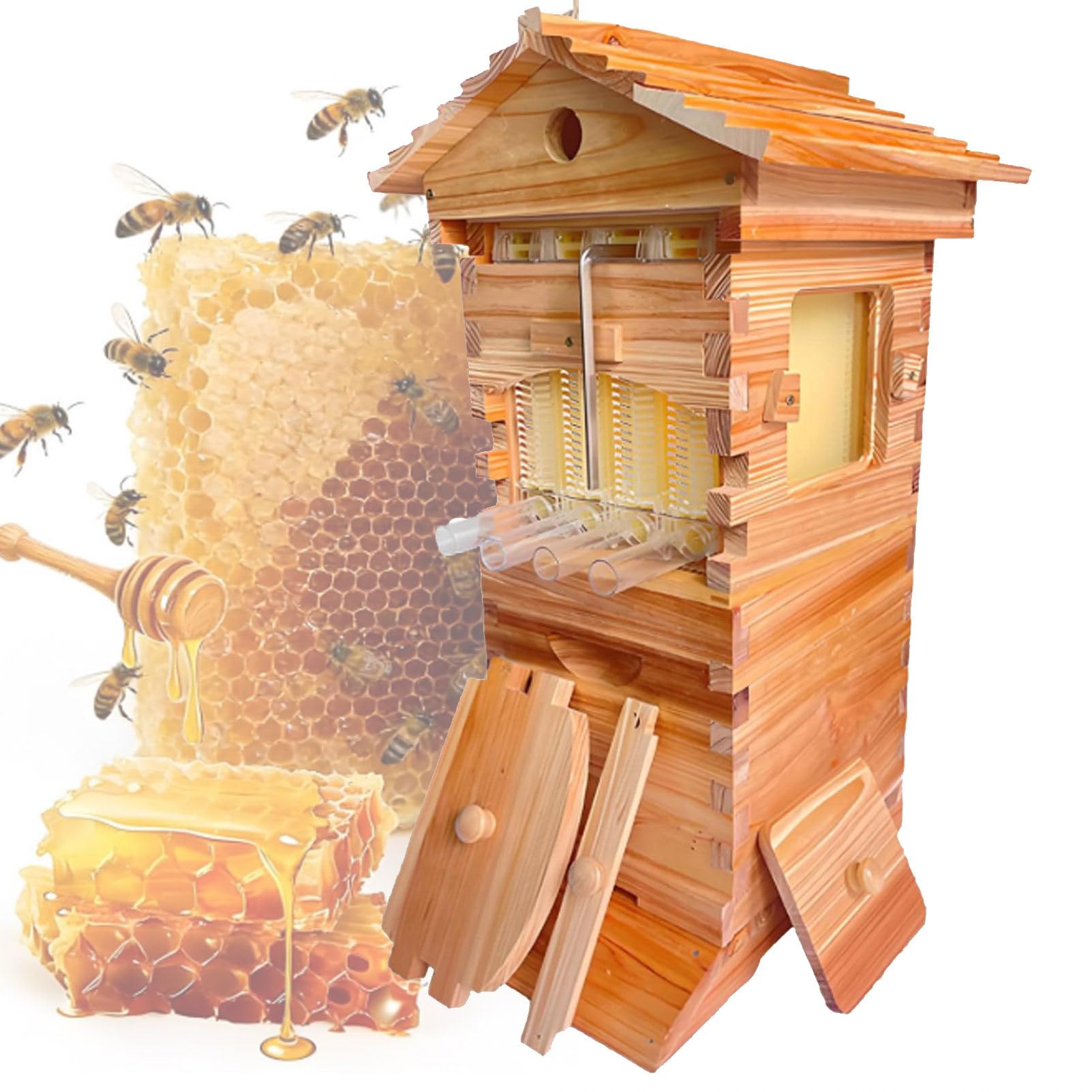 Yingtuwinh Bee Hives Boxes Starter Kit Self-Flowing Honey Hive with 4 Frames Wooden Flow Hive Beehive Complete Kit for Beekeeping Small, for Beekeeping, Garden Pollinators