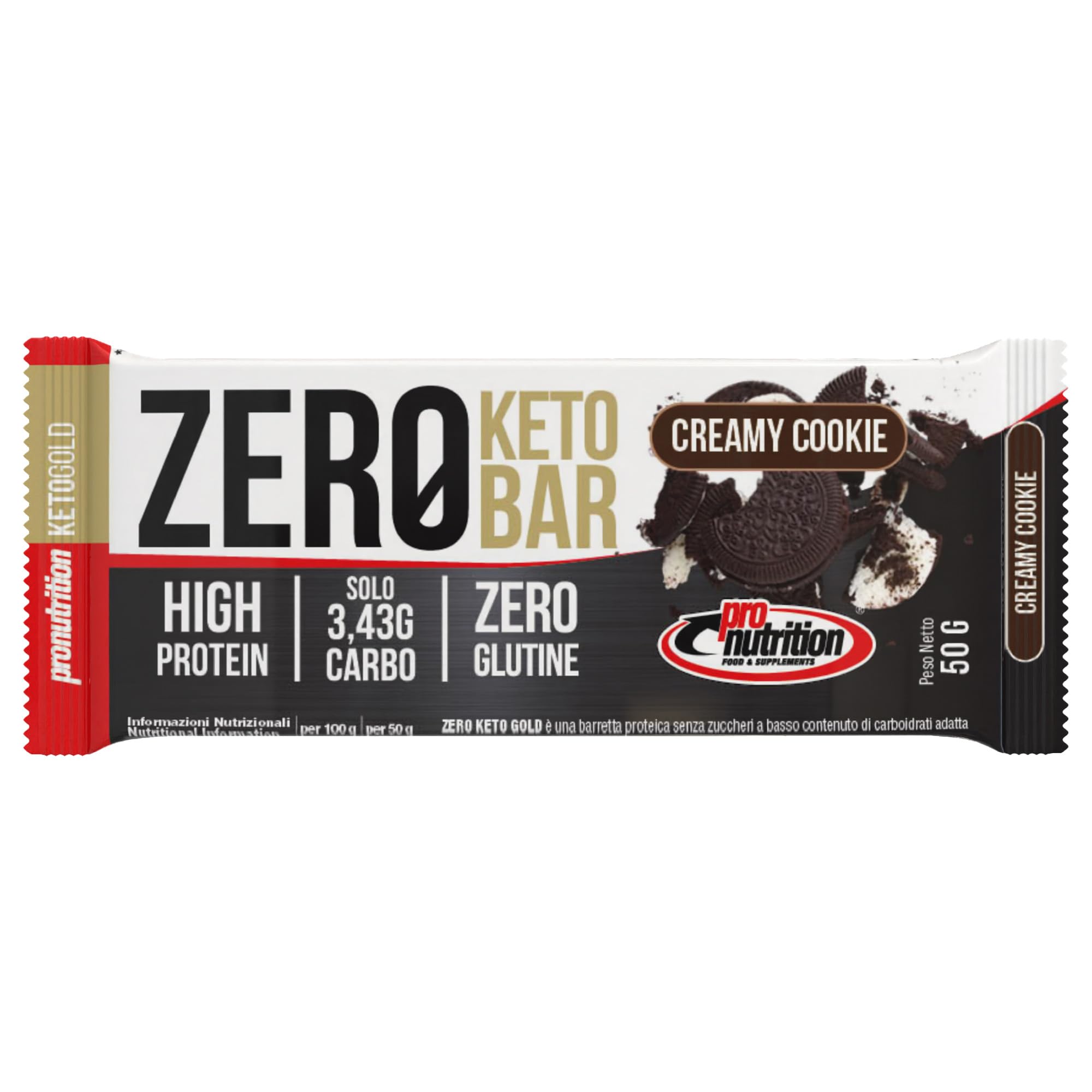 Pronutrition Zero Keto Bar Proteica 40% con Proteine Isolate del Siero del Latte – Barretta Low Carb con Solo 3,4 g Carboidrati, Senza Glutine, Gusto: Creamy Cookie