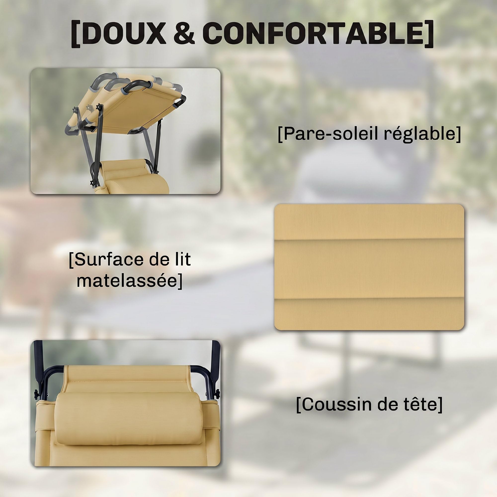 Outsunny Bain de Soleil Chaise Longue Pliante Jardin 70 x 200 x 45 cm Crème