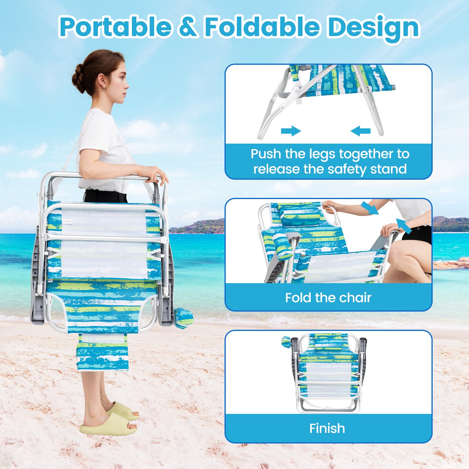 GIANTEX Sedia pieghevole da spiaggia e campeggio, schienale regolabile 4 posizioni, portasciugamani e cuscino, 2 in 1, fino a 150 kg (62 x 54 x 80 cm, strisce verdi)