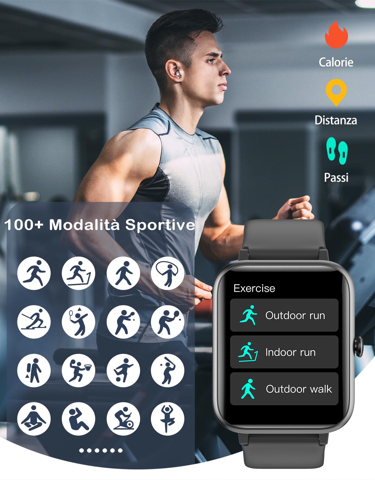 GRV Smartwatch Uomo Donna Chiamate Bluetooth Orologio Contapassi Orologio Fitness Sport Cardiofrequenzimetro Saturimetro per Android iOS Notifiche Messaggi Whatsapp 100 Modalità Sportivo Nero