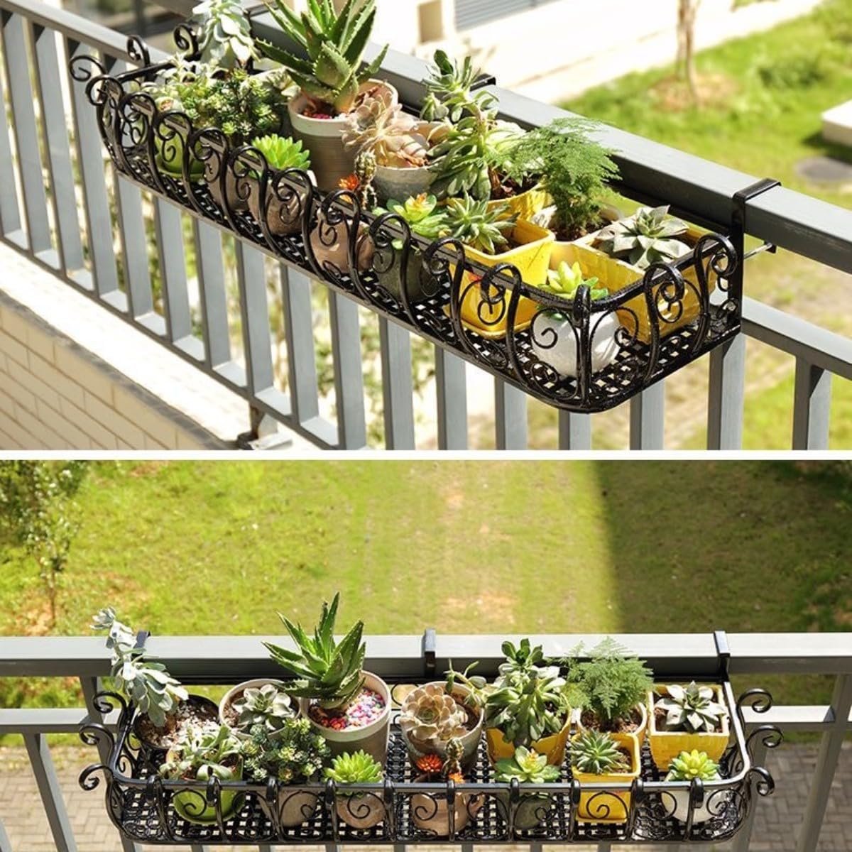 Wiszące metalowe doniczki na balkon i balustradę, dekoracyjne uchwyty na kwiaty do użytku wewnątrz i na zewnątrz, 50 x 2 x 16 cm, żelazne doniczki do dekoracji ogrodu
