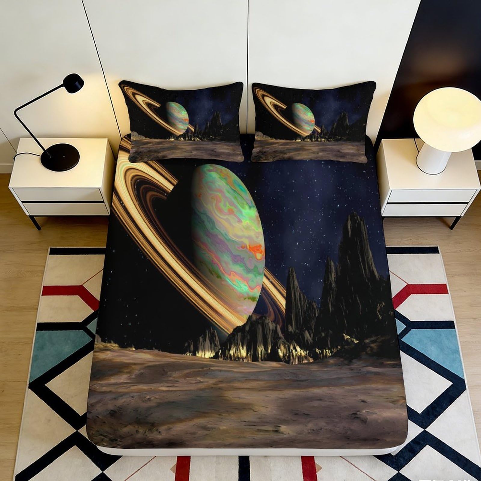 3D Printed Saturn Planet Fitted Sheet Microfiber Soft Anti-Slip Space Landscape Mattress Cover for Bedroom Dorm Decor 90x200x25cm