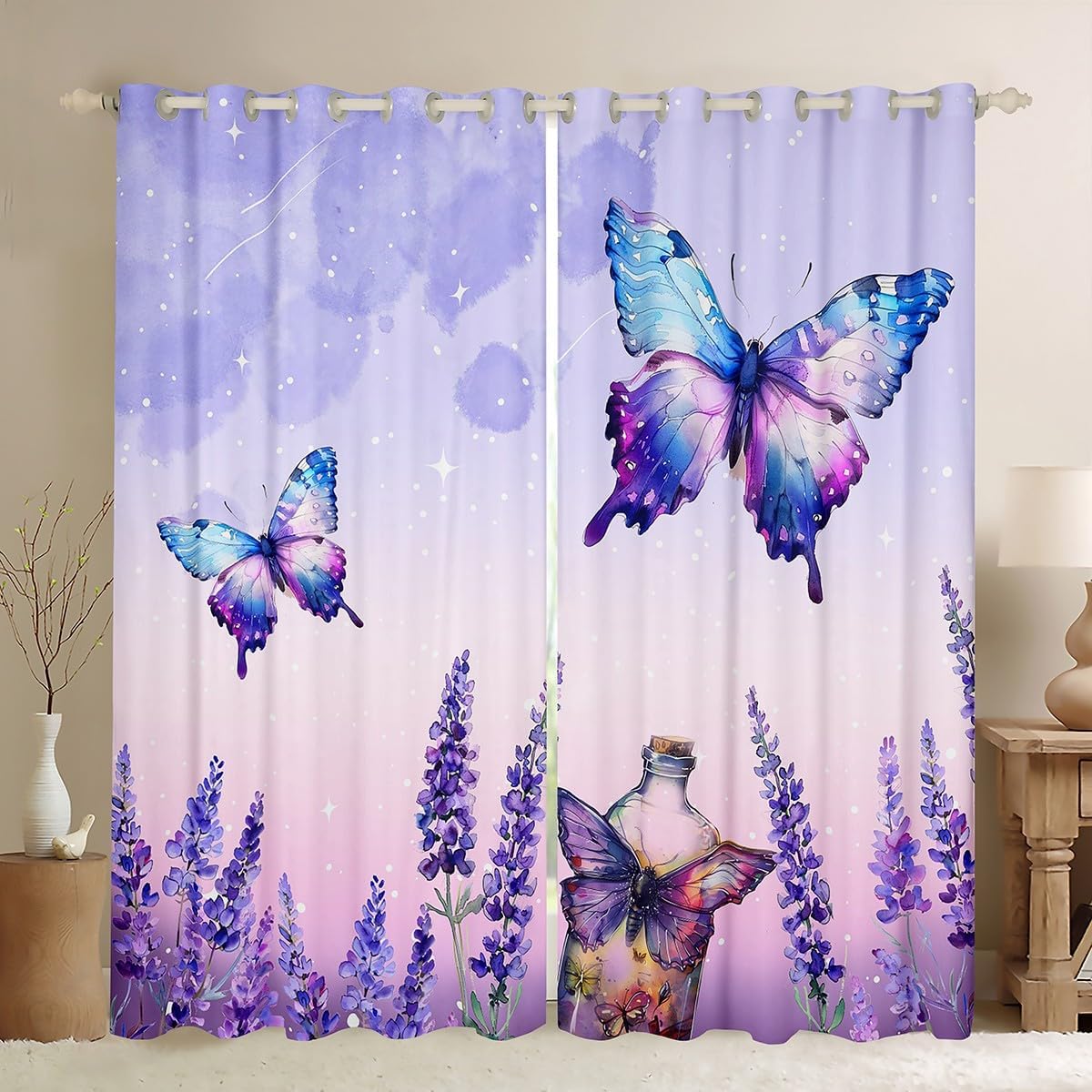 Erosebridal Blue Butterfly Blackout Curtains Light Purple Lavender Curtains 2 Panels 52" Wx84 L,Rustic Aesthetic Animal Curtains & Drapes Flying Butterflies Window Curtains Chic Nature Art Room Decor
