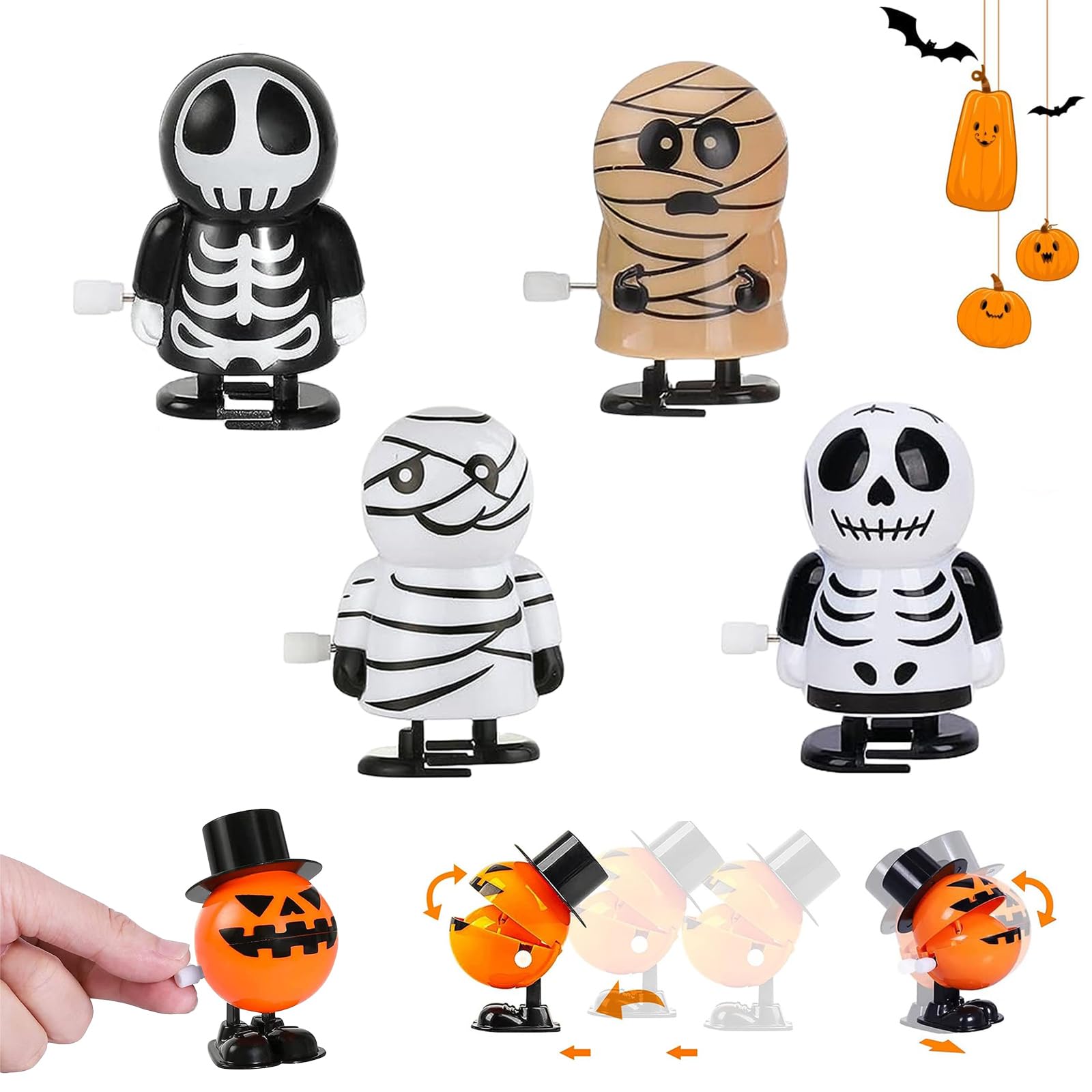 4Pack Halloween Wind Up Toys for Kids Boys Girls Party,Mini Halloween Toy Party Favors for Walking Clockwork Toys,Funny Jumping Novelty Clockwork Toy Spring Toys Halloween Goody Bag Filler Gift