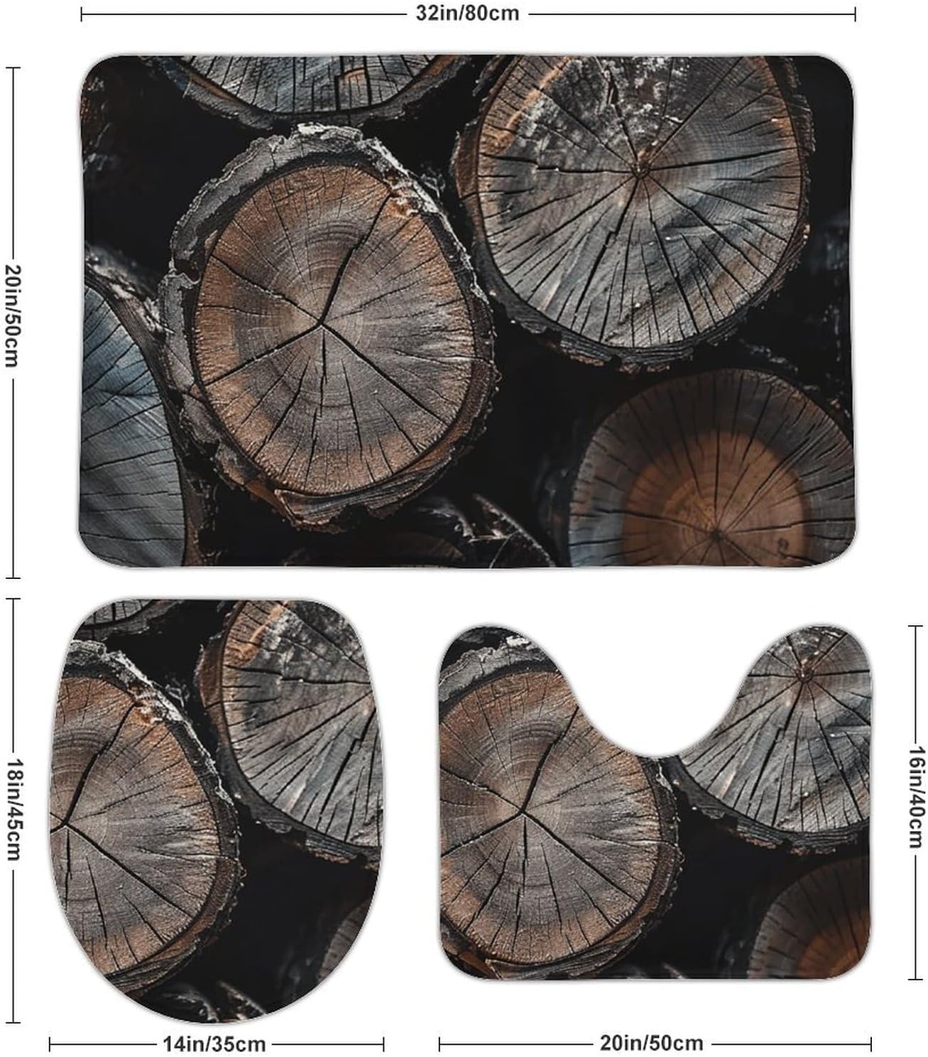 Anti-Skid Floor Mats 3 Piece Set,Round Cut Wood Printed Coral Fleece Bathroom Mats U-Shaped Contour Mat Toilet Seat Cover for Bathroom, Tub, Shower, Kitchen 19.7"x31.5"