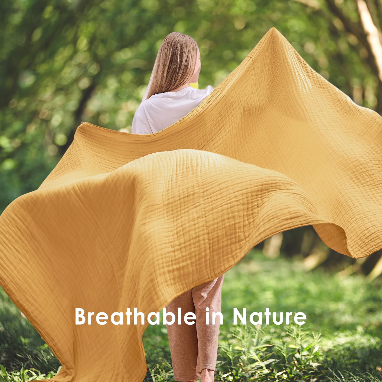 EMME Manta de Muselina de algodón tamaño Individual XL, Gasa Transpirable, Suave, Ligera, Regalos para Mujeres (Amarillo Jaspeado, 167 x 228 cm)