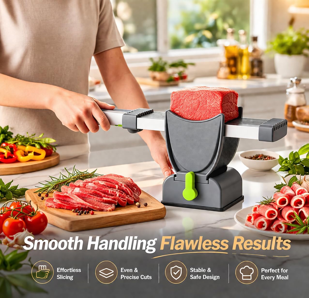 Manual Fresh Meat Slicer Stainless Steel – Adjustable Thickness Meat Cutter for Beef, Lamb, Chicken & Fish – Multi-Blade Food Slicer for Jerky, BBQ & Hot Pot – Easy Clean Kitchen Meat Cutting Tool
