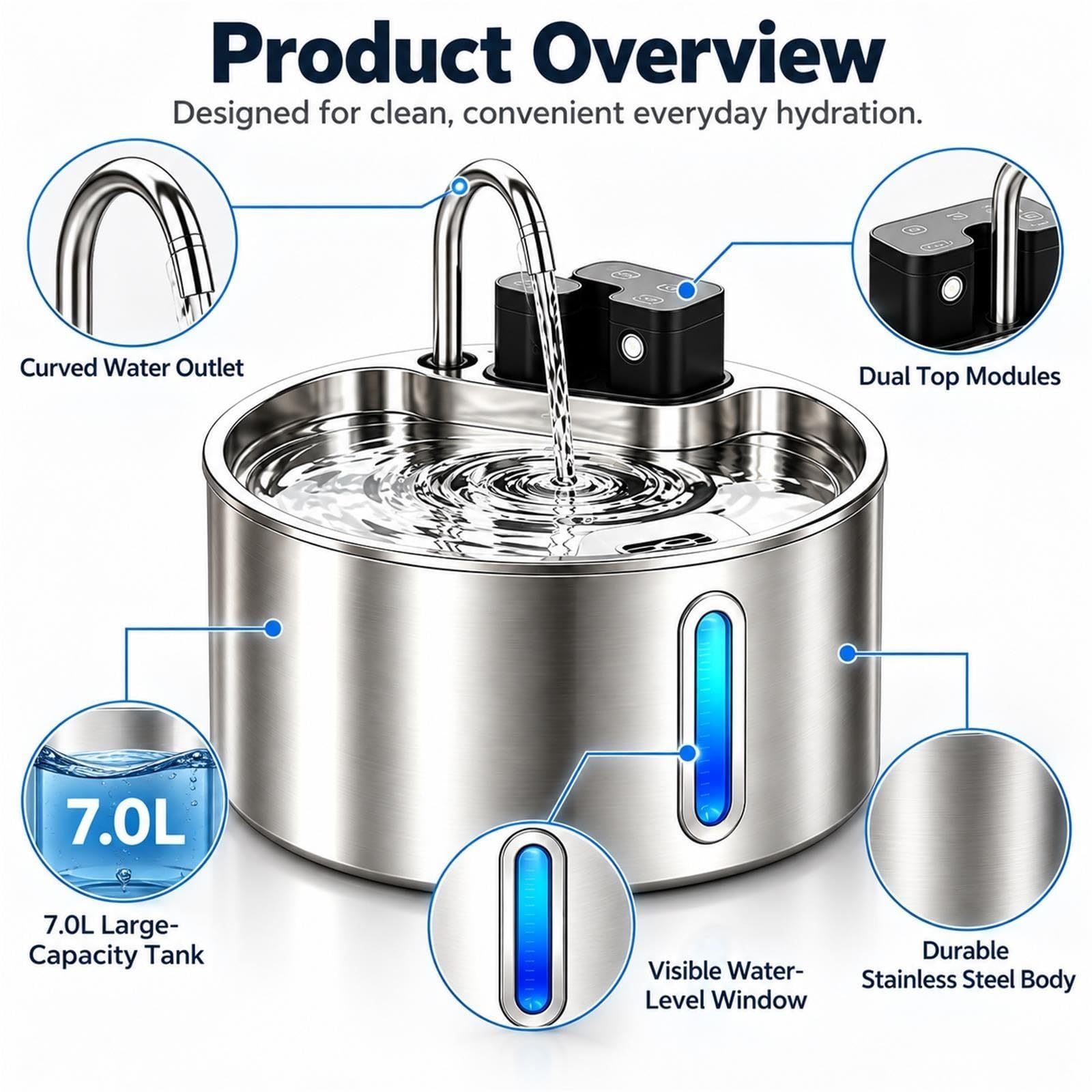 Bebedero Automático Perros y Gatos 4L/7L, Fuente de Agua Inalámbrica