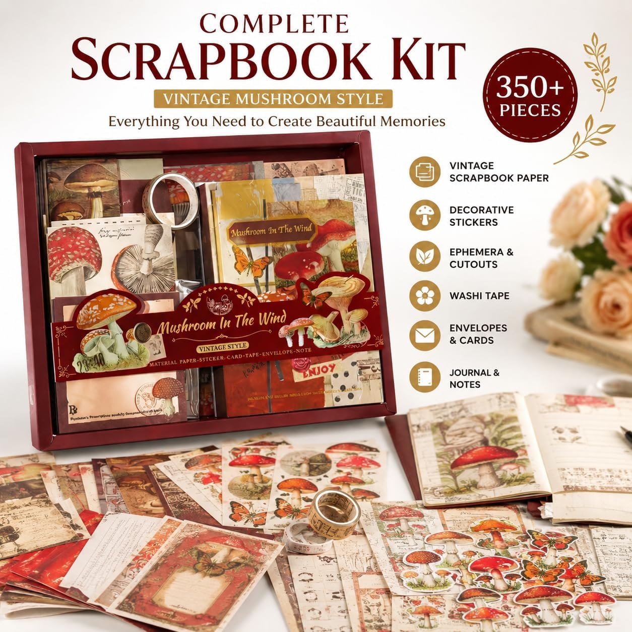 Scrapbook Kit, 350+ PCS Scrapbooking Supplies Set with Vintage Scrapbook Paper, Scrapbook Stickers, Ephemera, Vintage Decorations, Complete Junk Journal and DIY Memory Book Kit