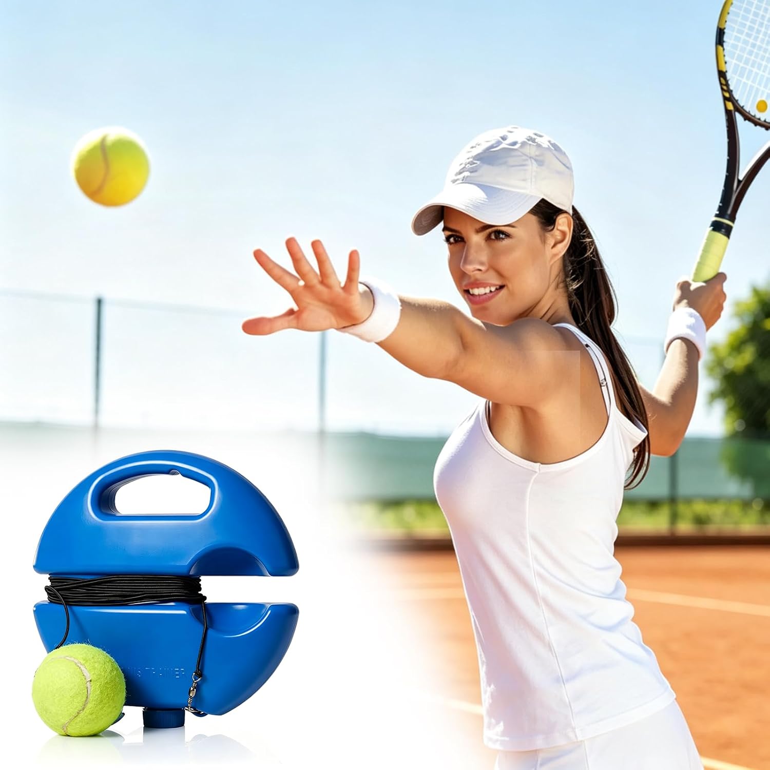 Tennis Trainer Rebound Ball Set with Weighted Base, Portable Solo Practice Rebounder with 3 Balls & Elastic Strings, Tennis Training Equipment for Adults Beginners to Improve Swing