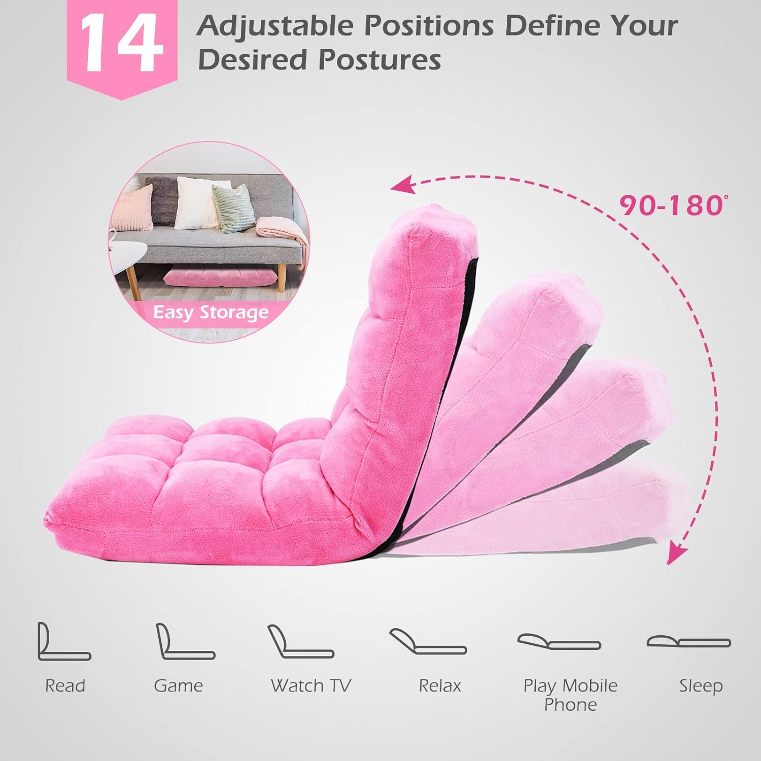 LDAILY 14-Position Floor Chair, Adjustable Gaming Chair with Strong Back Support, Padded Cushion, Folding Couch Recliner Sofa, Ideal for Floor Seating, Reading, Gaming(Pink)