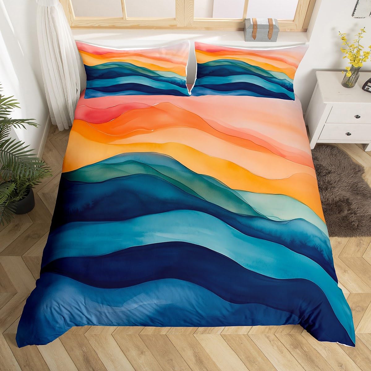 Homemissing Abstract Watercolor Geometric Duvet Cover Set Double Size Sea Wave Stripe Line Bedding Set for Boys Girls Luxury Modern Art Duvet Cover with 2 Pillowcases Bedroom Decor โ image 1