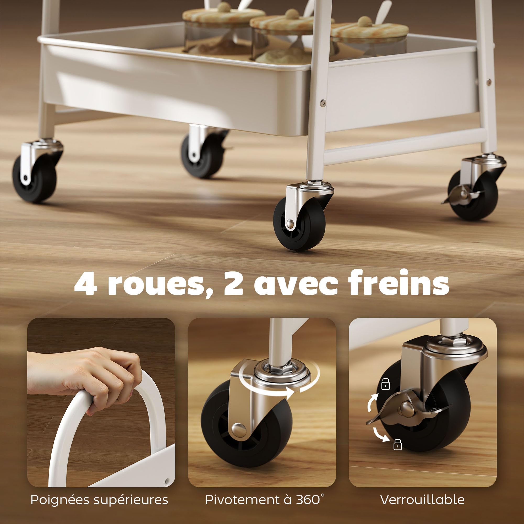 HOMCOM Desserte Cuisine, Chariot de Service à 3 Niveaux, avec Plateau supérieur, paniers en Maille, poignées, Chariot de Rangement à roulettes pour Salon, Bureau, Cuisine, 45 x 32 x 77,5 cm, chêne