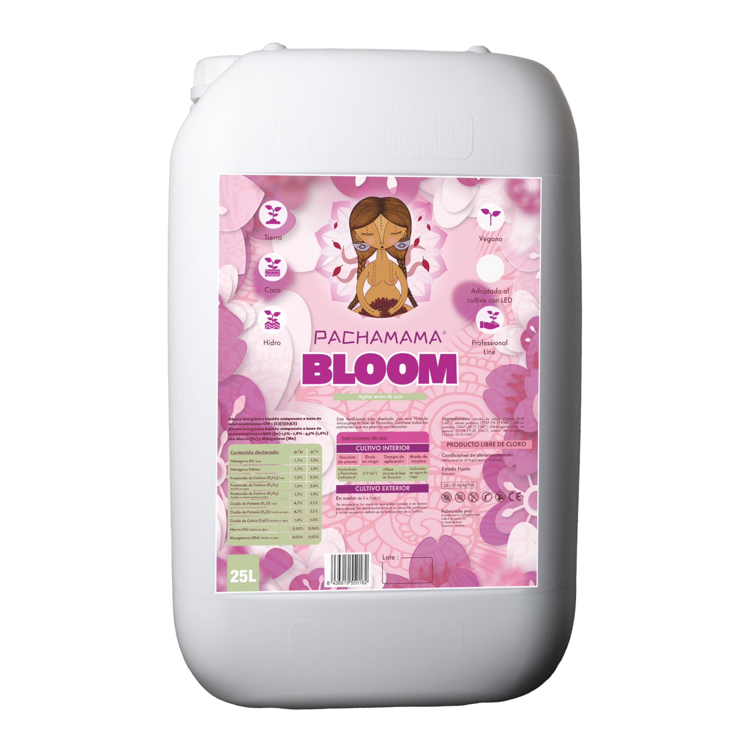 Pachamama Bloom Fertilizante Base Floración | Con Calcio y Magnesio | Para Tierra, Coco e Hidro (25L)