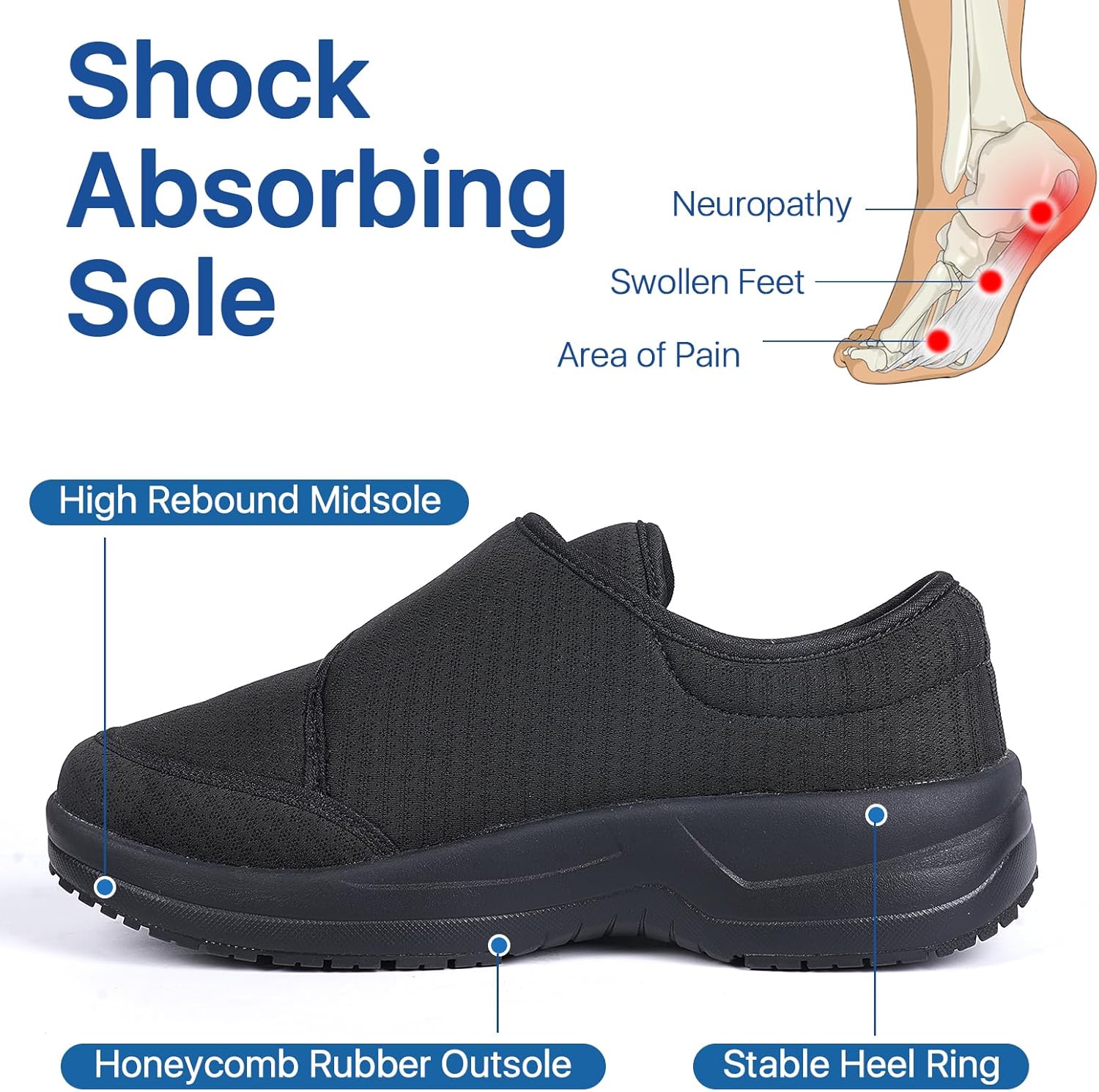 Diabetic Shoes for Men and Women,Adjustable Extra Wide Slip-on Walking Shoes with Arch Support Cushioning Therapeutic for Swollen,Orthopedic Foot Pain Relief, Neuropathy(Black) - Image 3