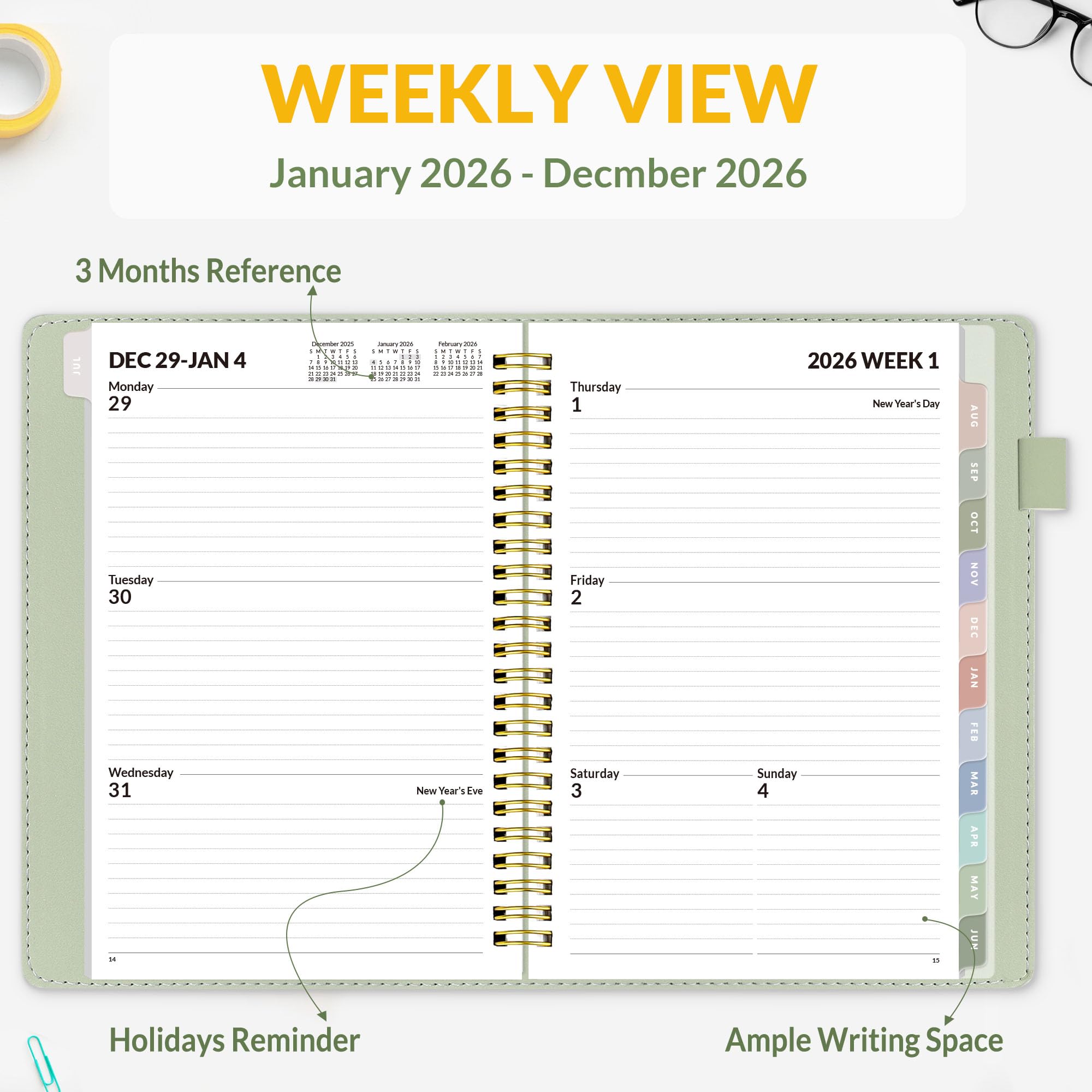 SUNEE 2026 Weekly Monthly Planner 6 4x8 5- 12 Month January 2026 - December 2026 Vegan Leather Cover — view 3
