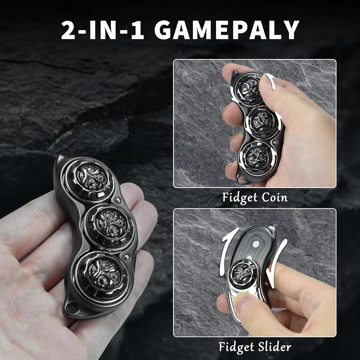Pea Pod Fidget Slider, 2-in-1 Alloy Metal Fidget Toys for Adults, Sensory Tool with Ratchet-Like Sound & Haptic Feedback, Stress Relief Toy & Focus Tool for Office Desk (Black)