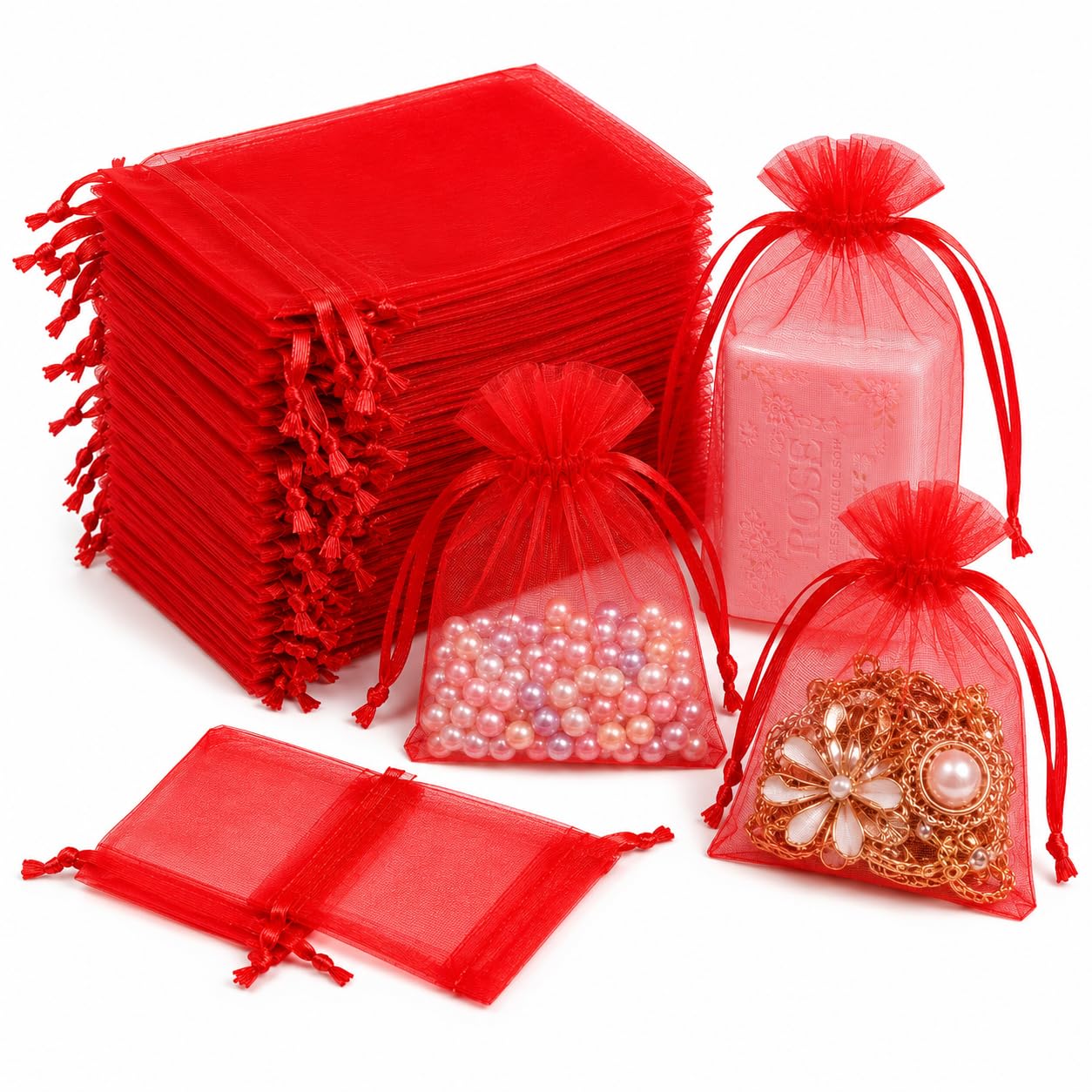 Hopttreely Red Organza Gift Bags 50PCS, 4x4.72 High-Density Mesh Drawstring Favor Pouches for Small Business, Jewelry, Wedding Party Favors, Candy, Goodie Bags &amp; Storage