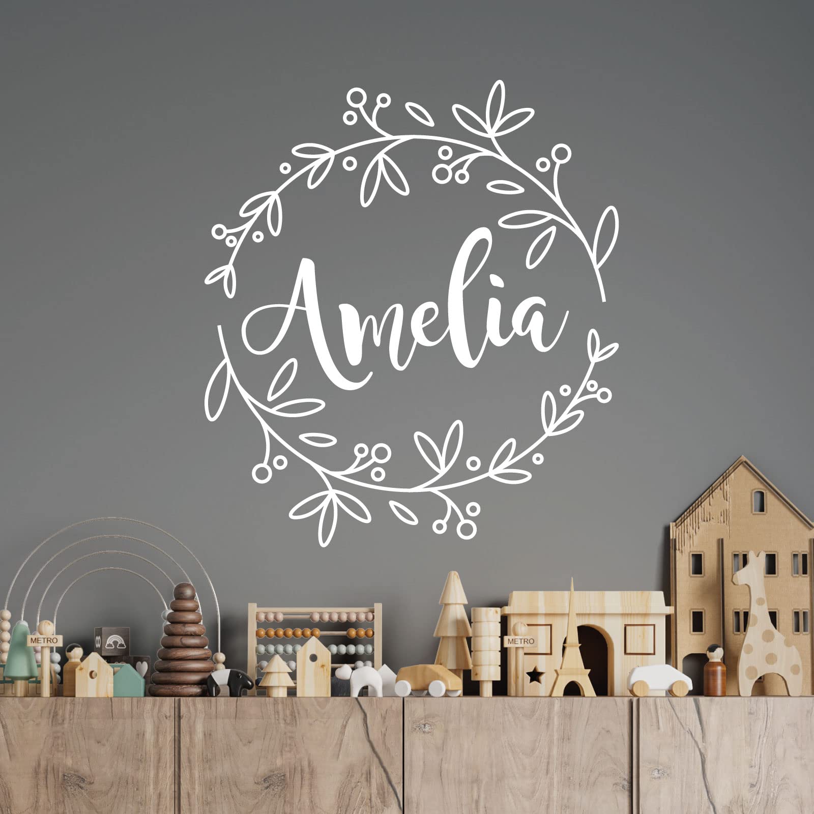 Personalised Name - Floral Wreath - Nursery Vinyl Wall Decal Sticker [Large] [White]