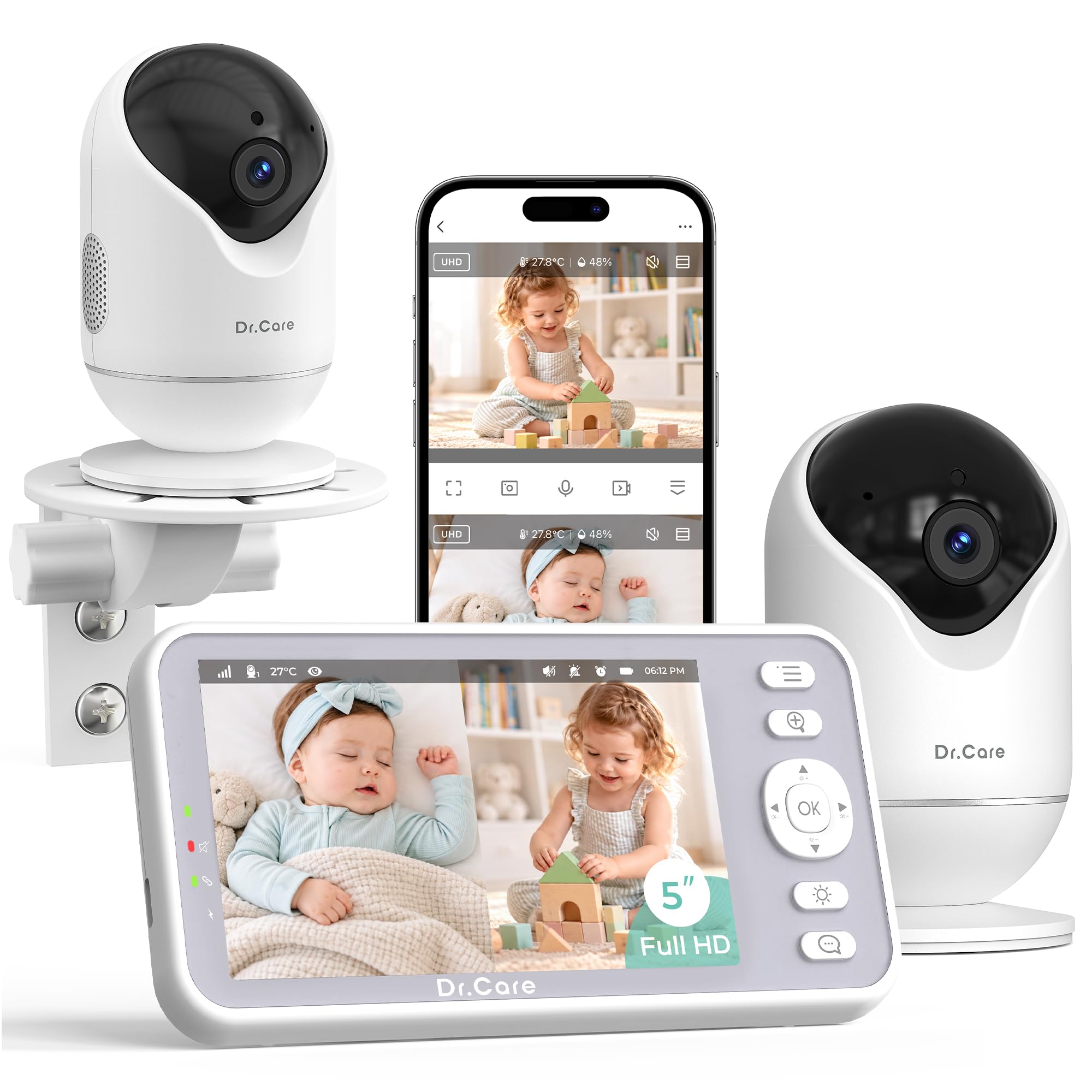 Dr.Care Baby Monitor WiFi 1080p, 2 telecamere, 5", App & allarme movimento | Rilev. temp/umidità, allarme zona,batteria rimov. 5000mAh, portata 390m,visione nott. HD, audio bidirezionale, VistaView Lite