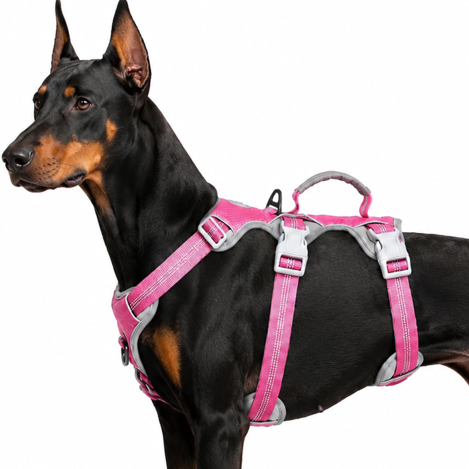 Huntboo Escape Proof Dog Harness, Escape Artist Harness, Reflective Harness with Padded Handle, Breathable, Durable, Adjustable Vest for Medium Dogs Walking, Training, and Running Gear (Pink,XL)